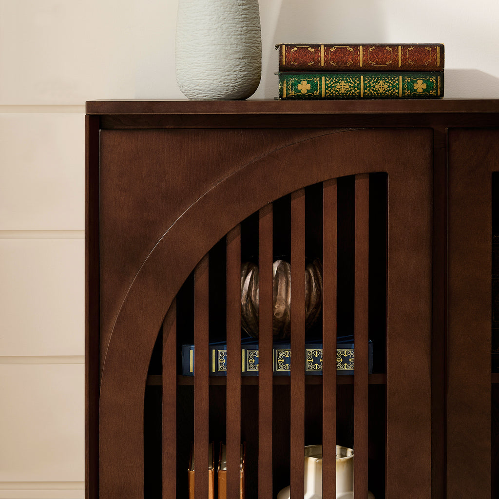 Mid Century Modern Fluted Sideboard Cabinet with 2 Outlet Holes, Buffet Cabinet with Storage, Narrow Side Cabinet for Living Room Entryway Hallway Kitchen Coffee Bar, Dark Walnut