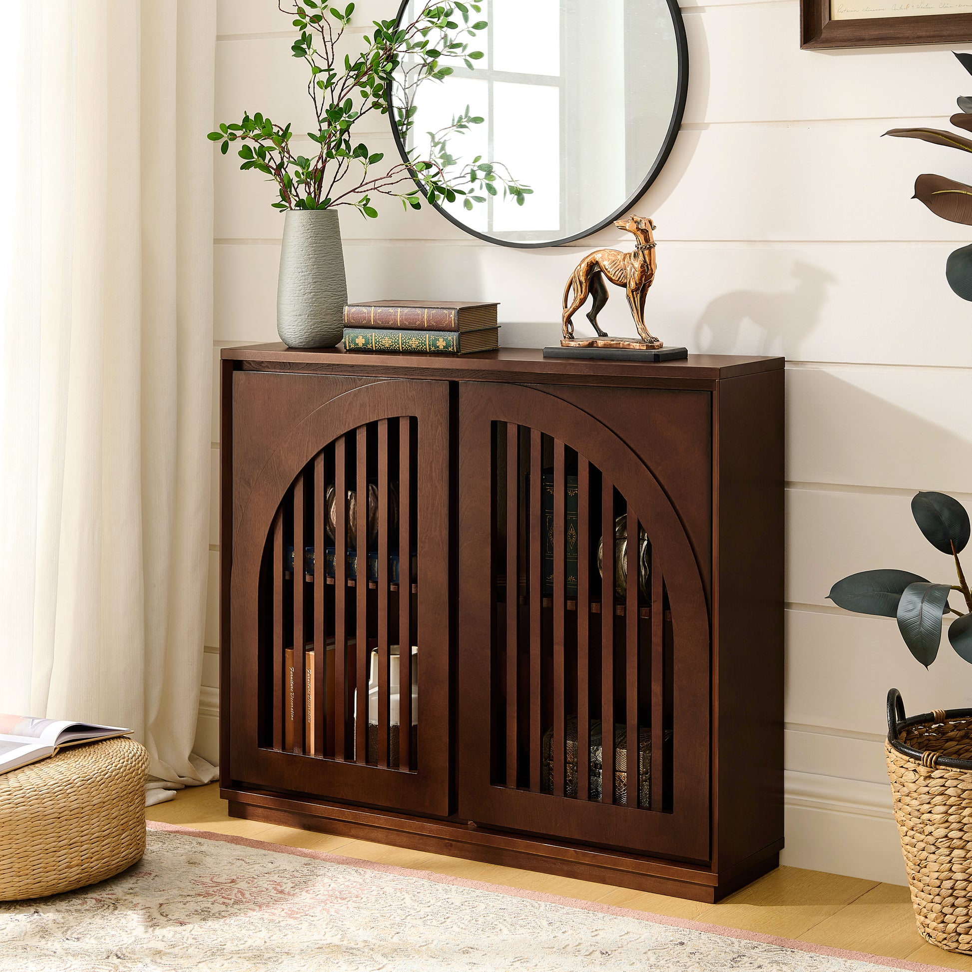 Mid Century Modern Fluted Sideboard Cabinet with 2 Outlet Holes, Buffet Cabinet with Storage, Narrow Side Cabinet for Living Room Entryway Hallway Kitchen Coffee Bar, Dark Walnut