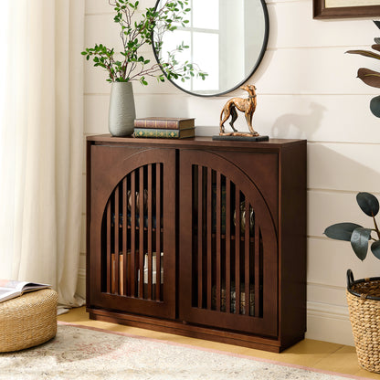 Mid Century Modern Fluted Sideboard Cabinet with 2 Outlet Holes, Buffet Cabinet with Storage, Narrow Side Cabinet for Living Room Entryway Hallway Kitchen Coffee Bar, Dark Walnut