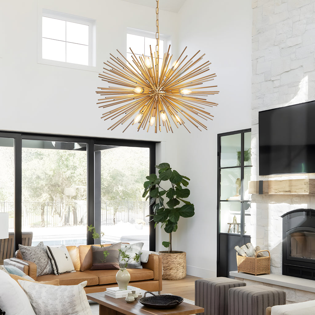 29' Mid-Century Modern 12-Light Starburst Chandelier – Gold Sputnik Pendant Light Fixture for Living Room, Dining Room, or Foyer (Bulb Not Included)