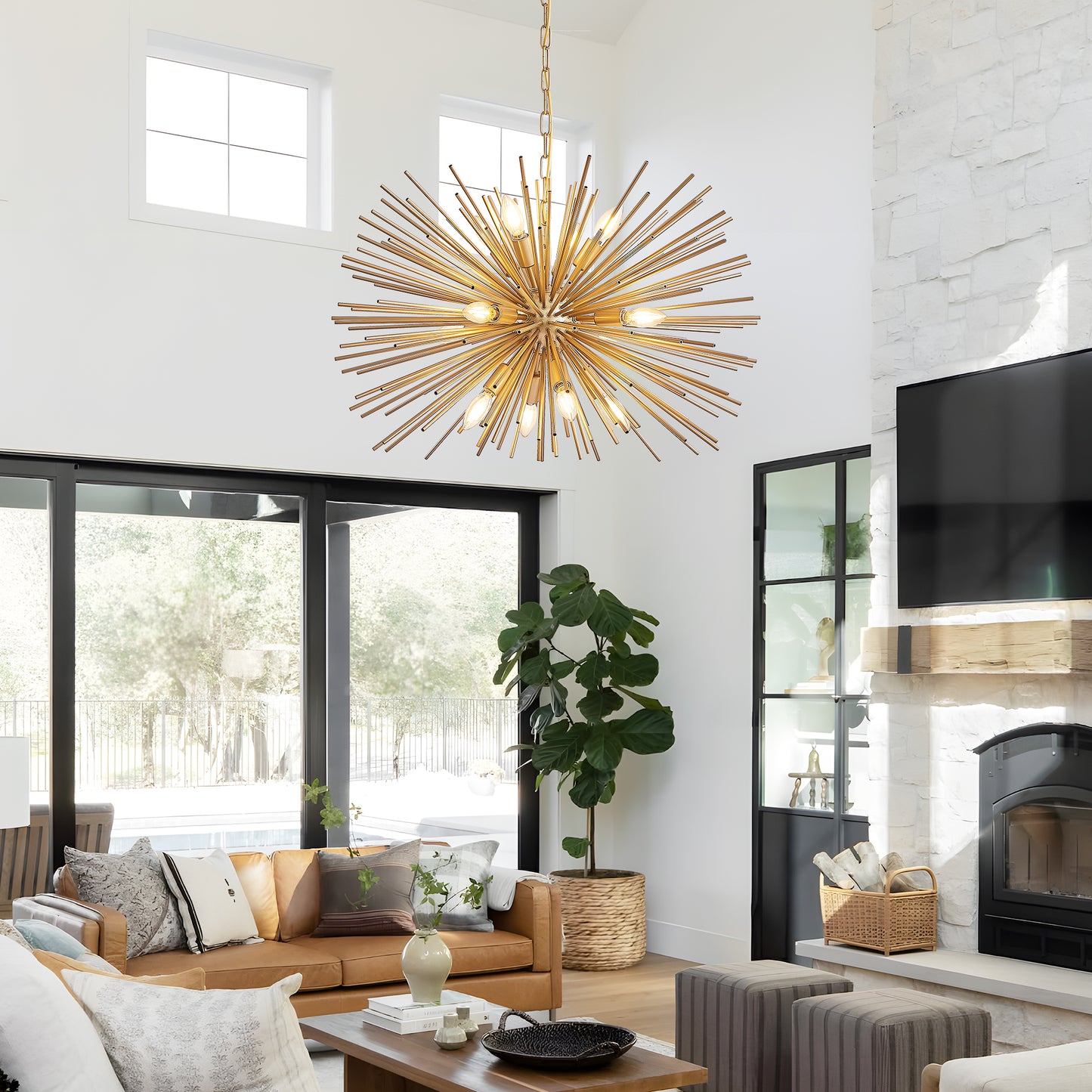 29' Mid-Century Modern 12-Light Starburst Chandelier – Gold Sputnik Pendant Light Fixture for Living Room, Dining Room, or Foyer (Bulb Not Included)