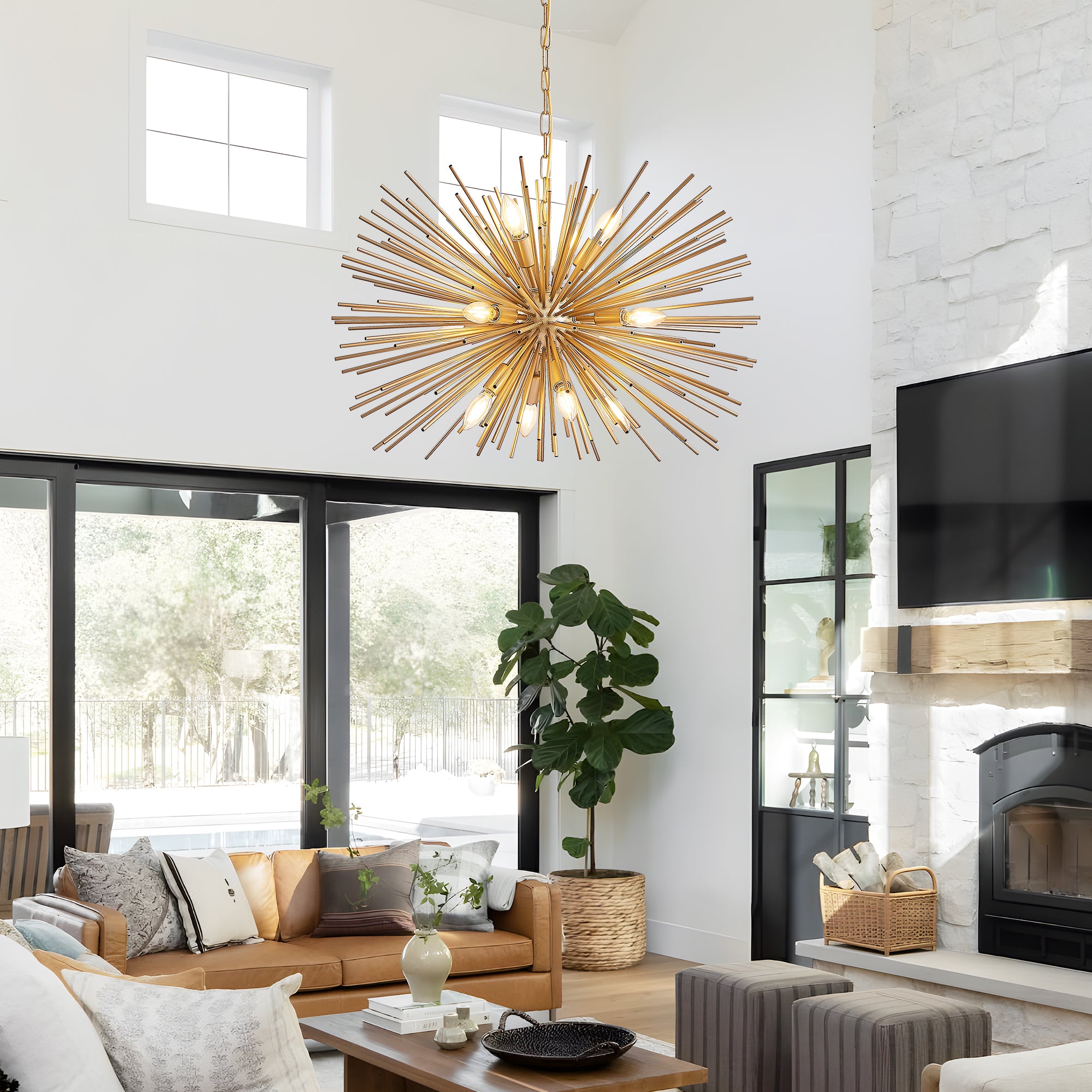 29' Mid-Century Modern 12-Light Starburst Chandelier – Gold Sputnik Pendant Light Fixture for Living Room, Dining Room, or Foyer (Bulb Not Included)