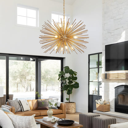 29' Mid-Century Modern 12-Light Starburst Chandelier – Gold Sputnik Pendant Light Fixture for Living Room, Dining Room, or Foyer (Bulb Not Included)