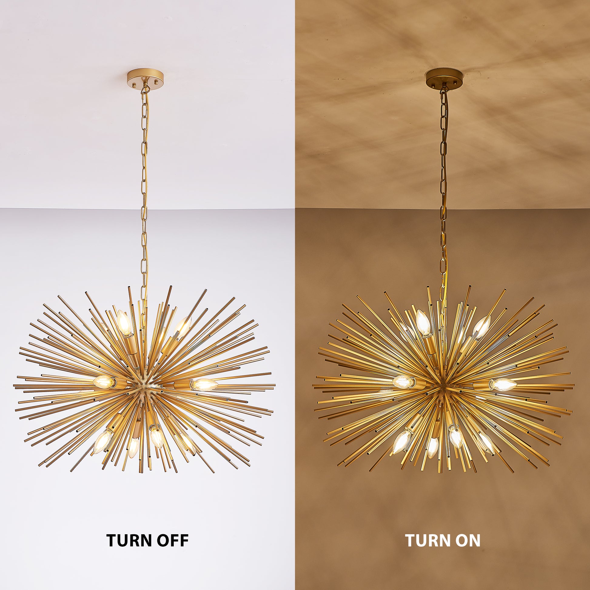 29' Mid-Century Modern 12-Light Starburst Chandelier – Gold Sputnik Pendant Light Fixture for Living Room, Dining Room, or Foyer (Bulb Not Included)