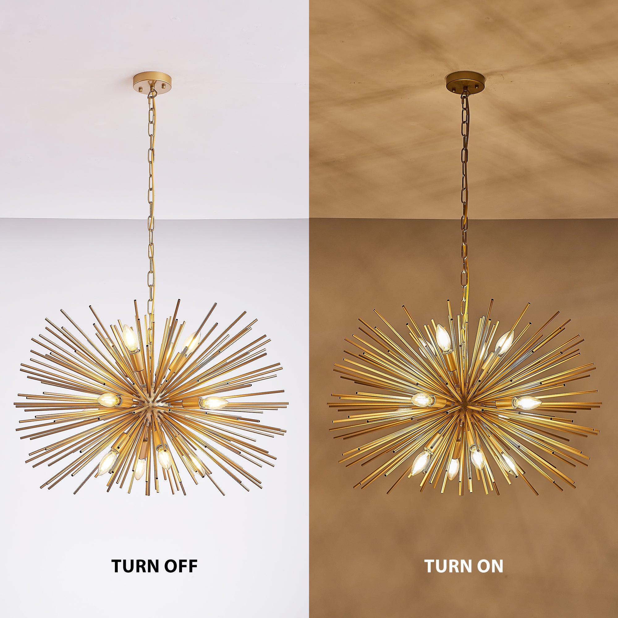 29' Mid-Century Modern 12-Light Starburst Chandelier – Gold Sputnik Pendant Light Fixture for Living Room, Dining Room, or Foyer (Bulb Not Included)