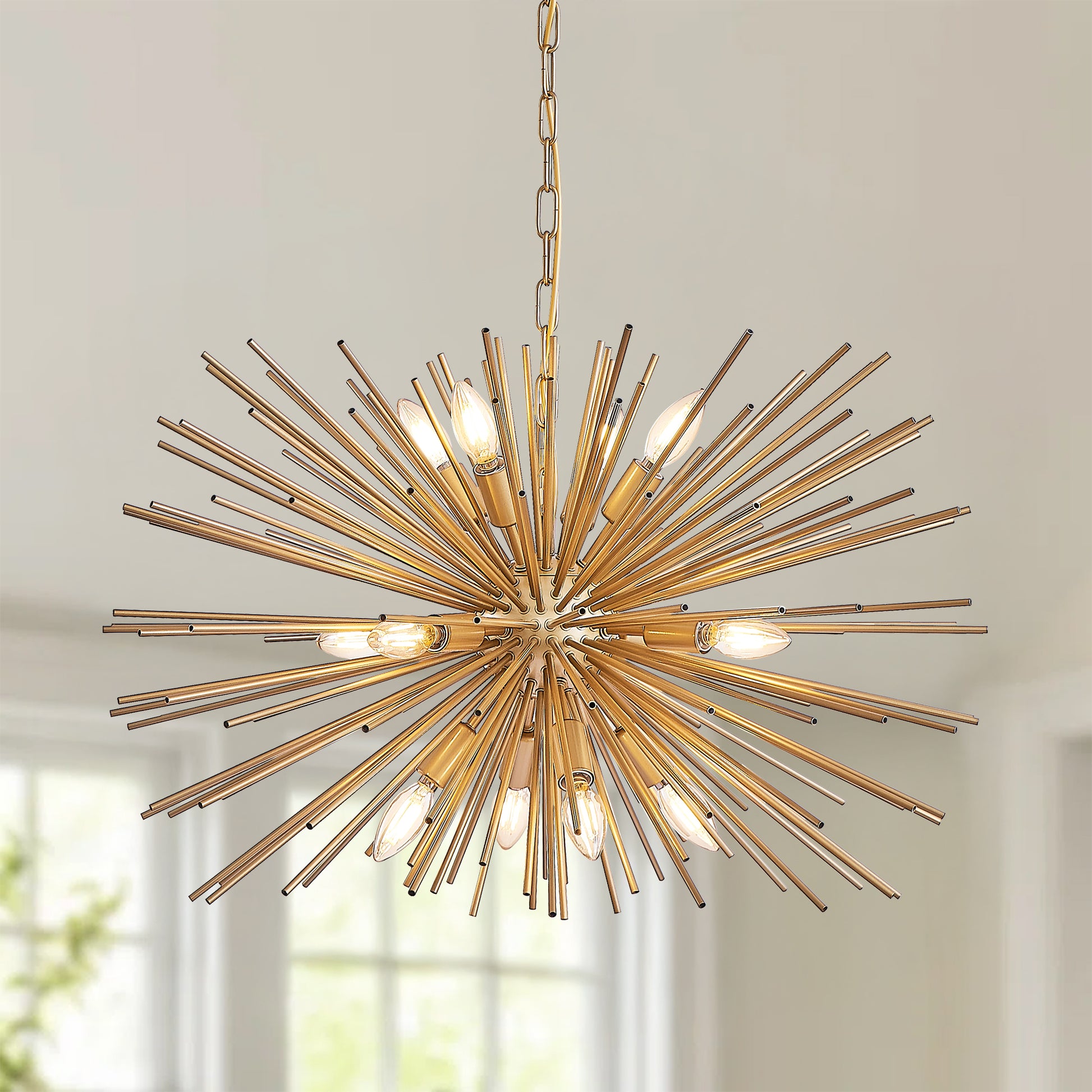 29' Mid-Century Modern 12-Light Starburst Chandelier – Gold Sputnik Pendant Light Fixture for Living Room, Dining Room, or Foyer (Bulb Not Included)