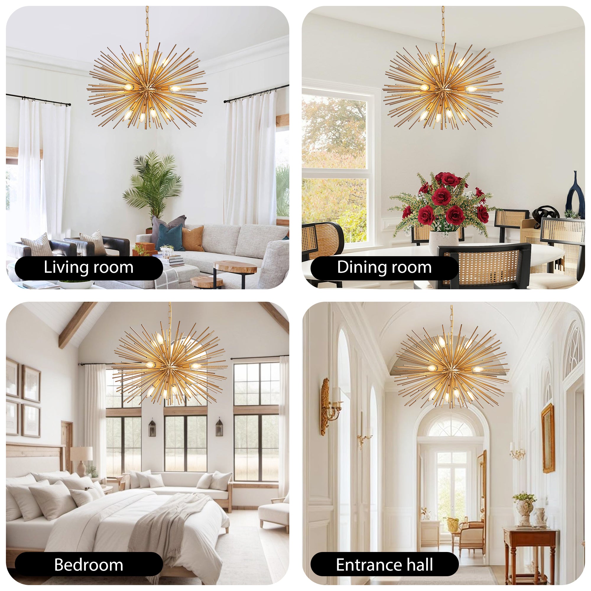 29' Mid-Century Modern 12-Light Starburst Chandelier – Gold Sputnik Pendant Light Fixture for Living Room, Dining Room, or Foyer (Bulb Not Included)
