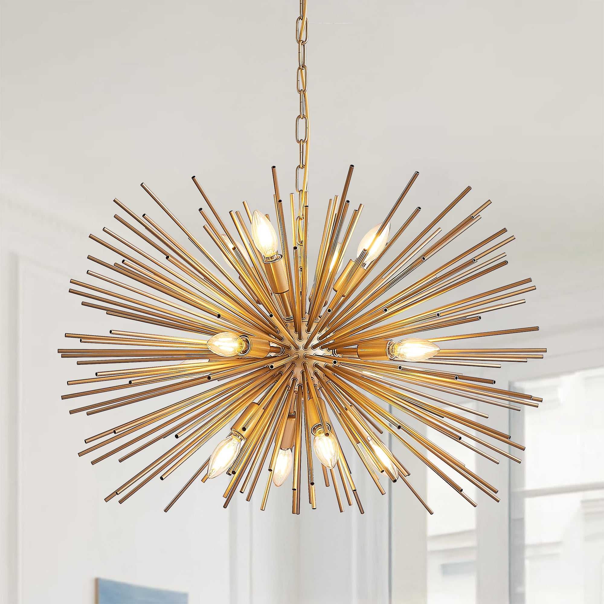 29' Mid-Century Modern 12-Light Starburst Chandelier – Gold Sputnik Pendant Light Fixture for Living Room, Dining Room, or Foyer (Bulb Not Included)