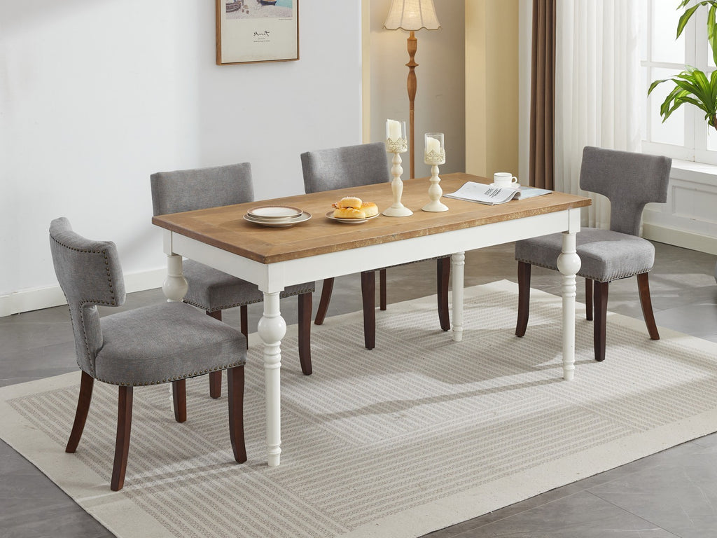 Mid Century Modern Dining Chairs Set of 2, Farmhouse Linen Fabric Upholstered Accent Chair Curved Backrest with Copper Nails around,Kitchen Chairs with Hardwood Frame, Gray