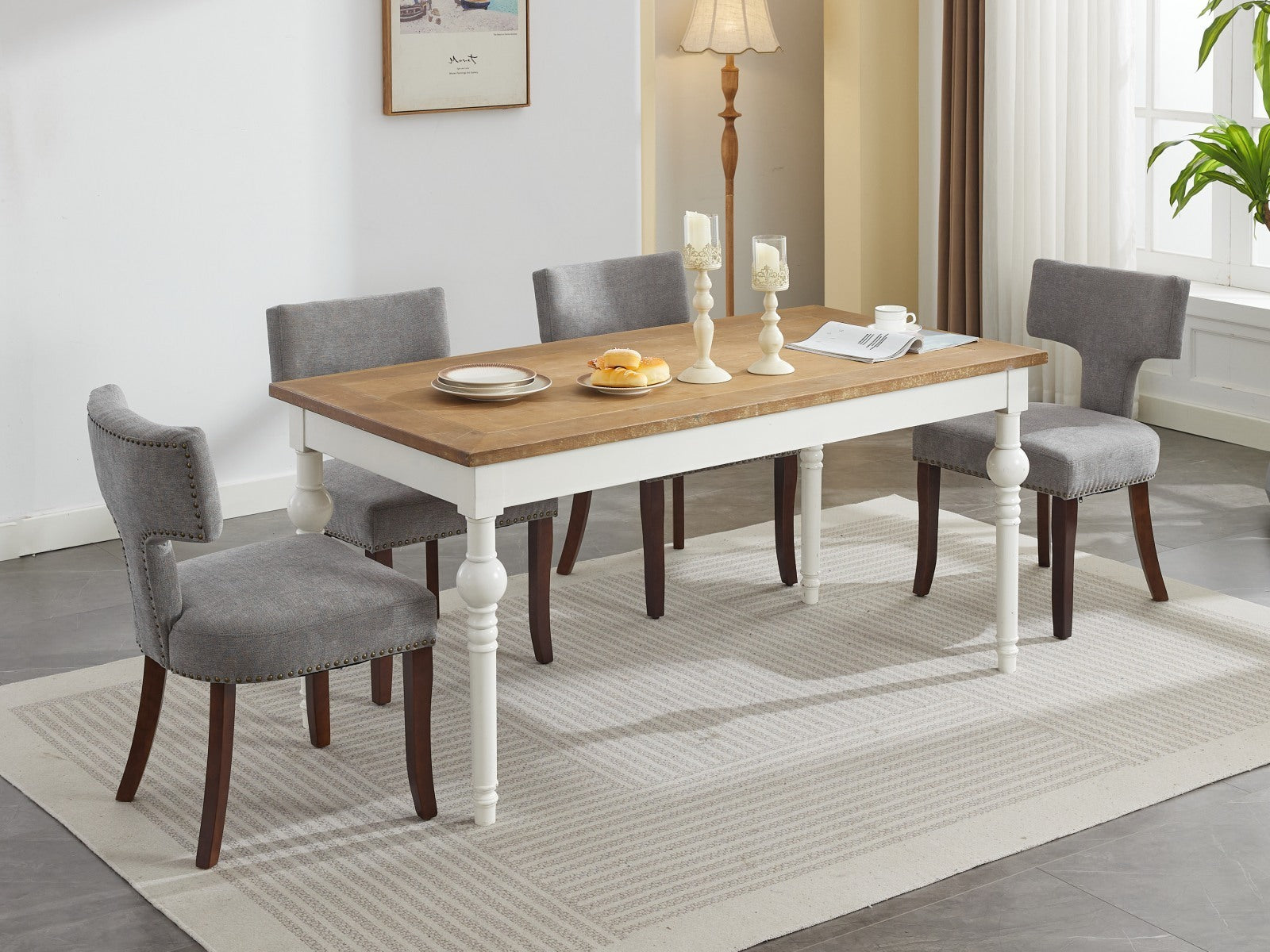 Mid Century Modern Dining Chairs Set of 2, Farmhouse Linen Fabric Upholstered Accent Chair Curved Backrest with Copper Nails around,Kitchen Chairs with Hardwood Frame, Gray