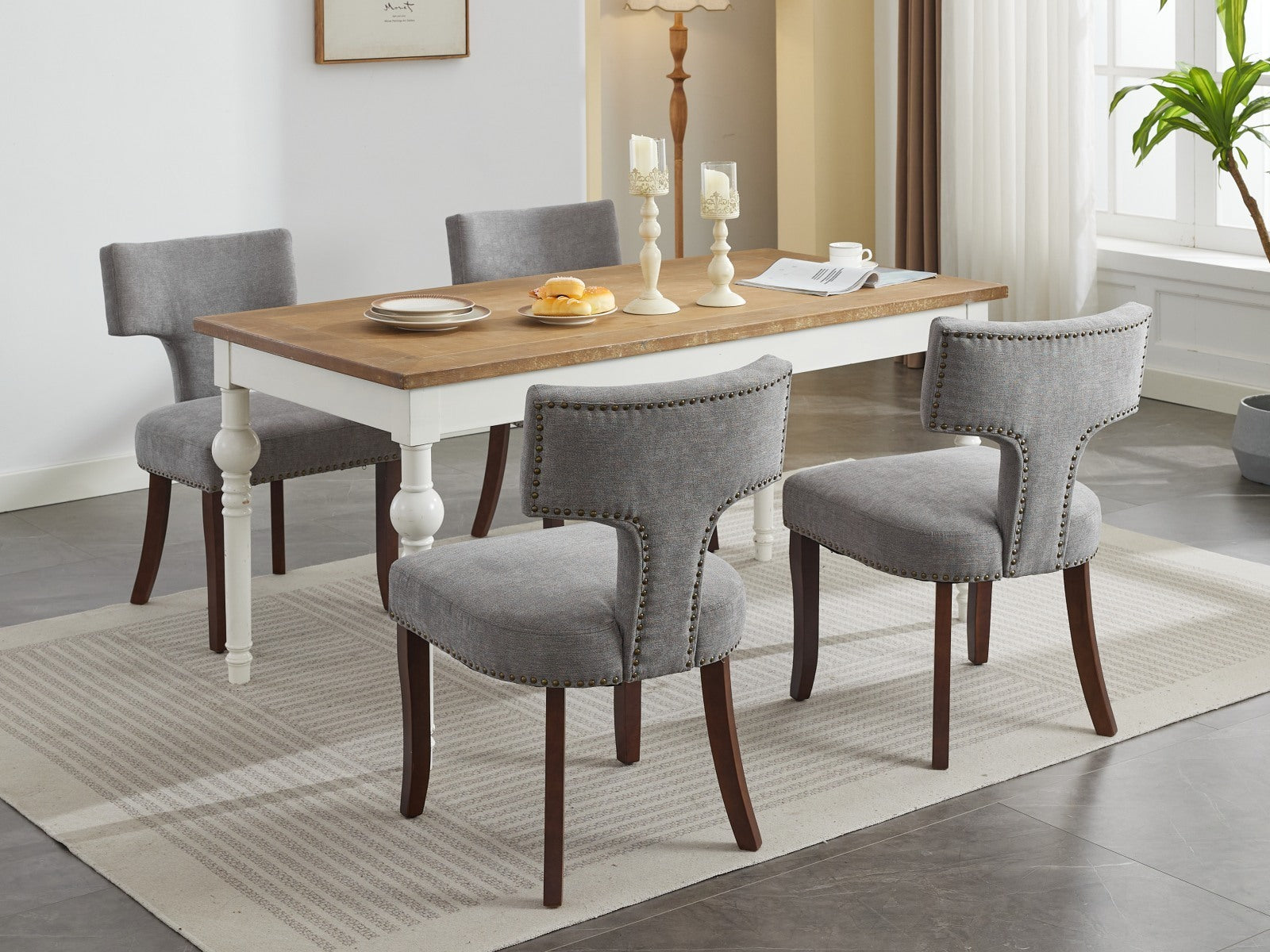 Mid Century Modern Dining Chairs Set of 2, Farmhouse Linen Fabric Upholstered Accent Chair Curved Backrest with Copper Nails around,Kitchen Chairs with Hardwood Frame, Gray