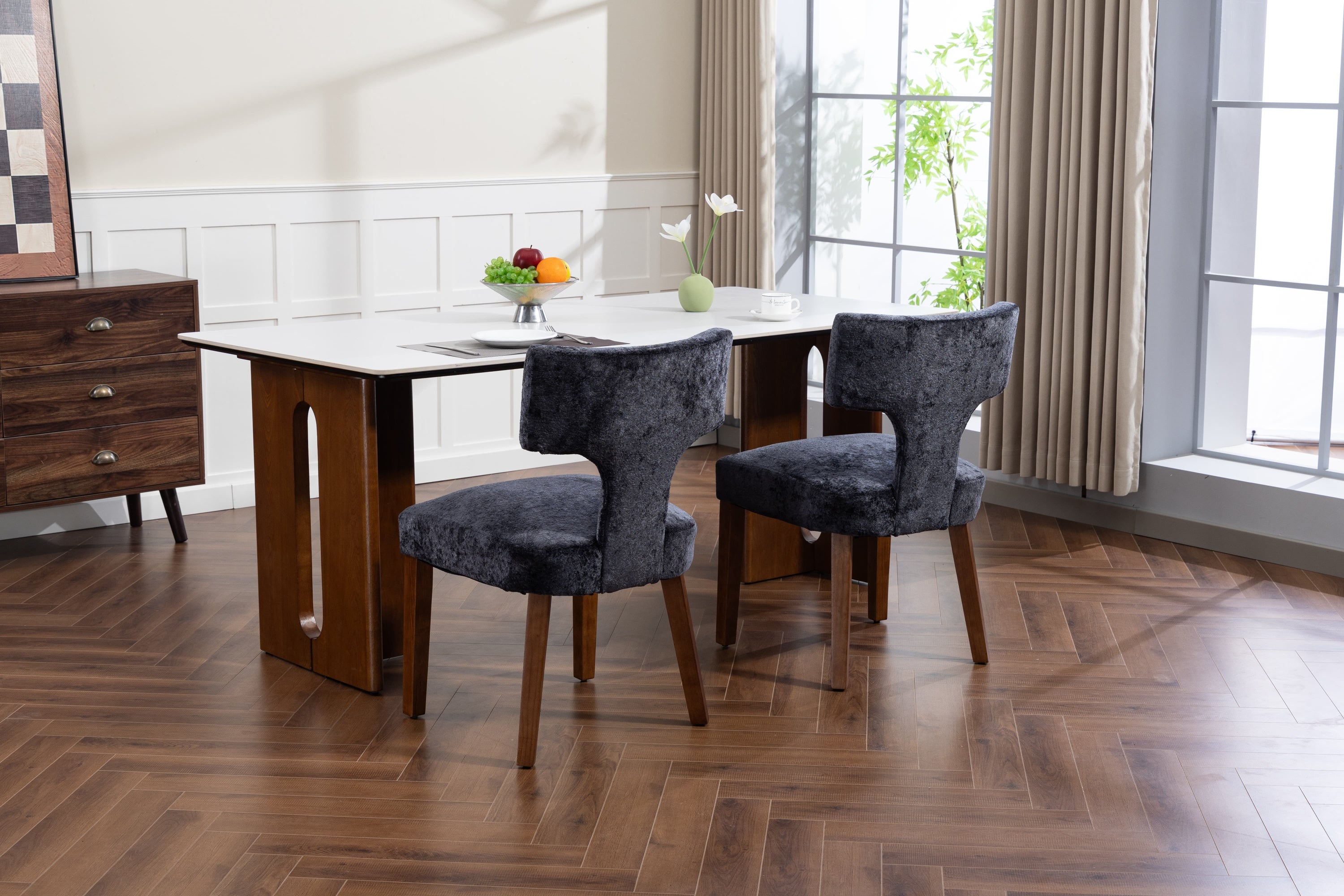 Mid Century Modern Dining Chairs Set of 2, Farmhouse Linen Fabric Upholstered Accent Chair,Kitchen Chairs with Hardwood Frame, Gray