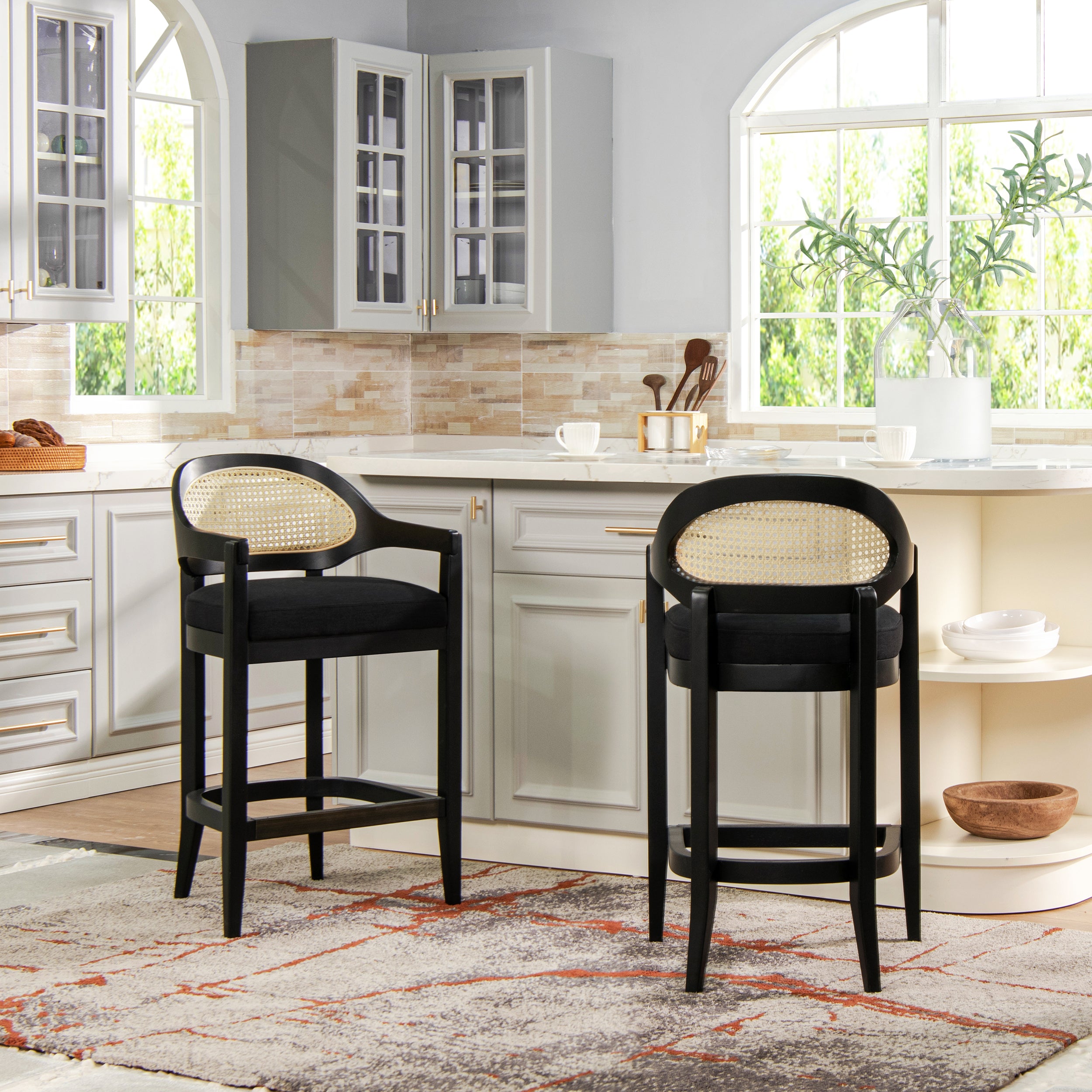 Americana Mid-Century Modern 26' Cane Back Counter Stool, Jet Black Woven