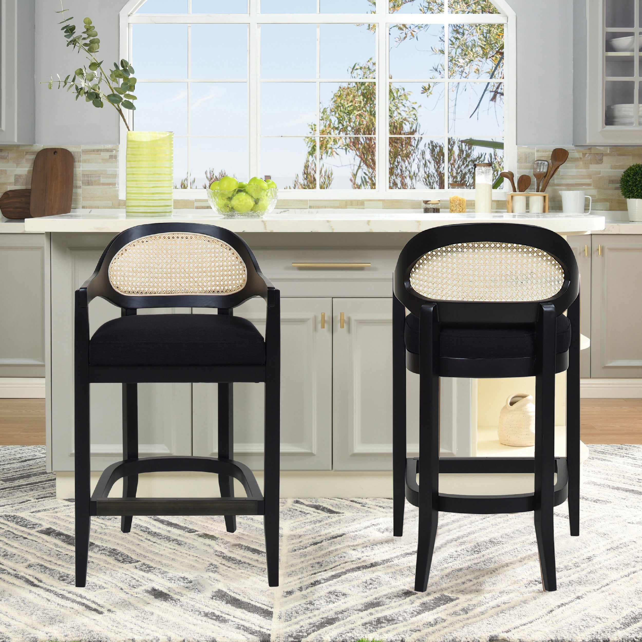 Americana Mid-Century Modern 26' Cane Back Counter Stool, Jet Black Woven