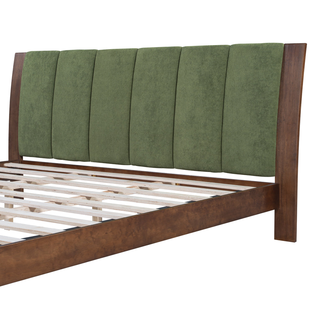Premium Pine Wood King Bed Frame,King Size Bed Frame with Headboard Included,Mid Century Modern Bed,Walnut&Green Color Bed Frame