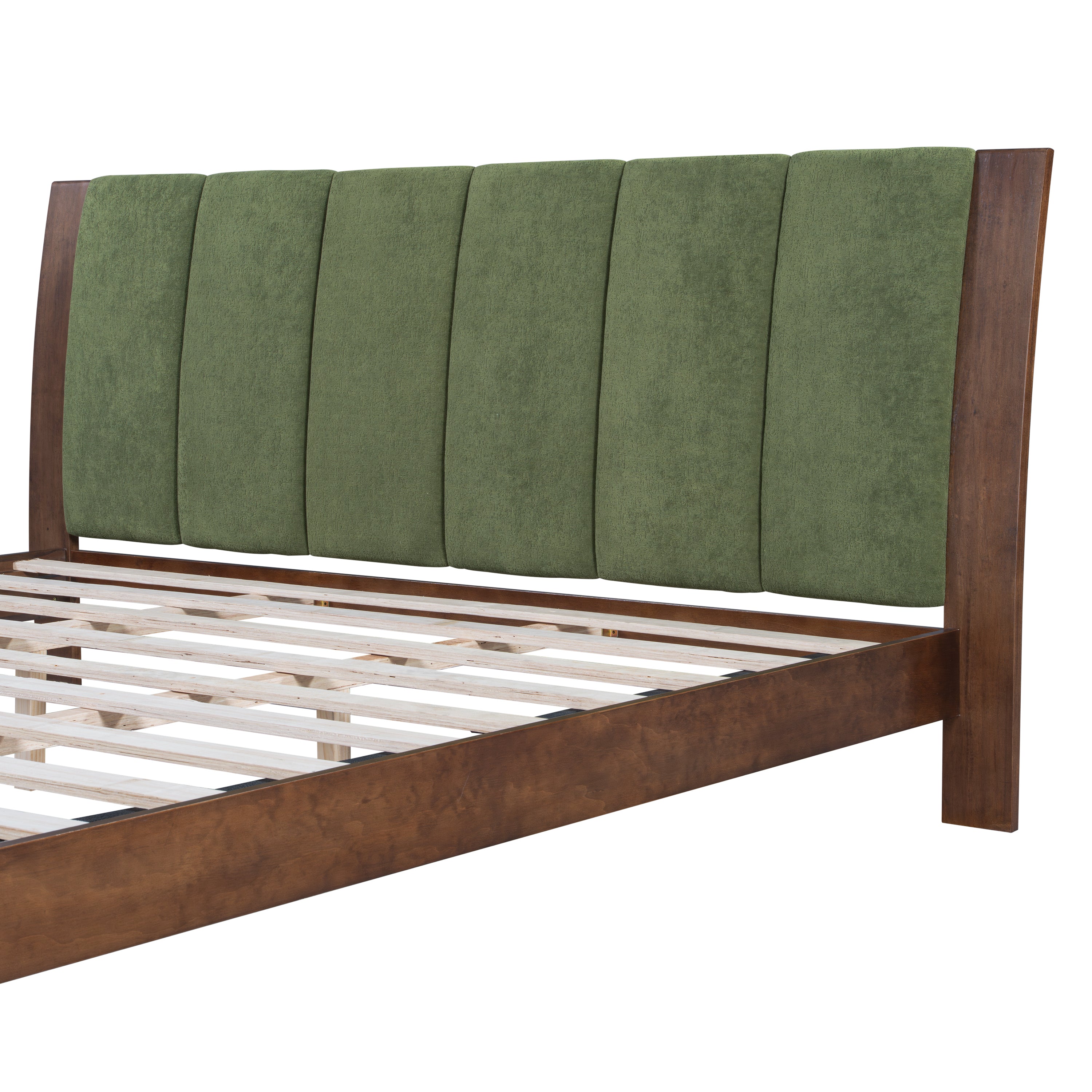 Premium Pine Wood King Bed Frame,King Size Bed Frame with Headboard Included,Mid Century Modern Bed,Walnut&Green Color Bed Frame