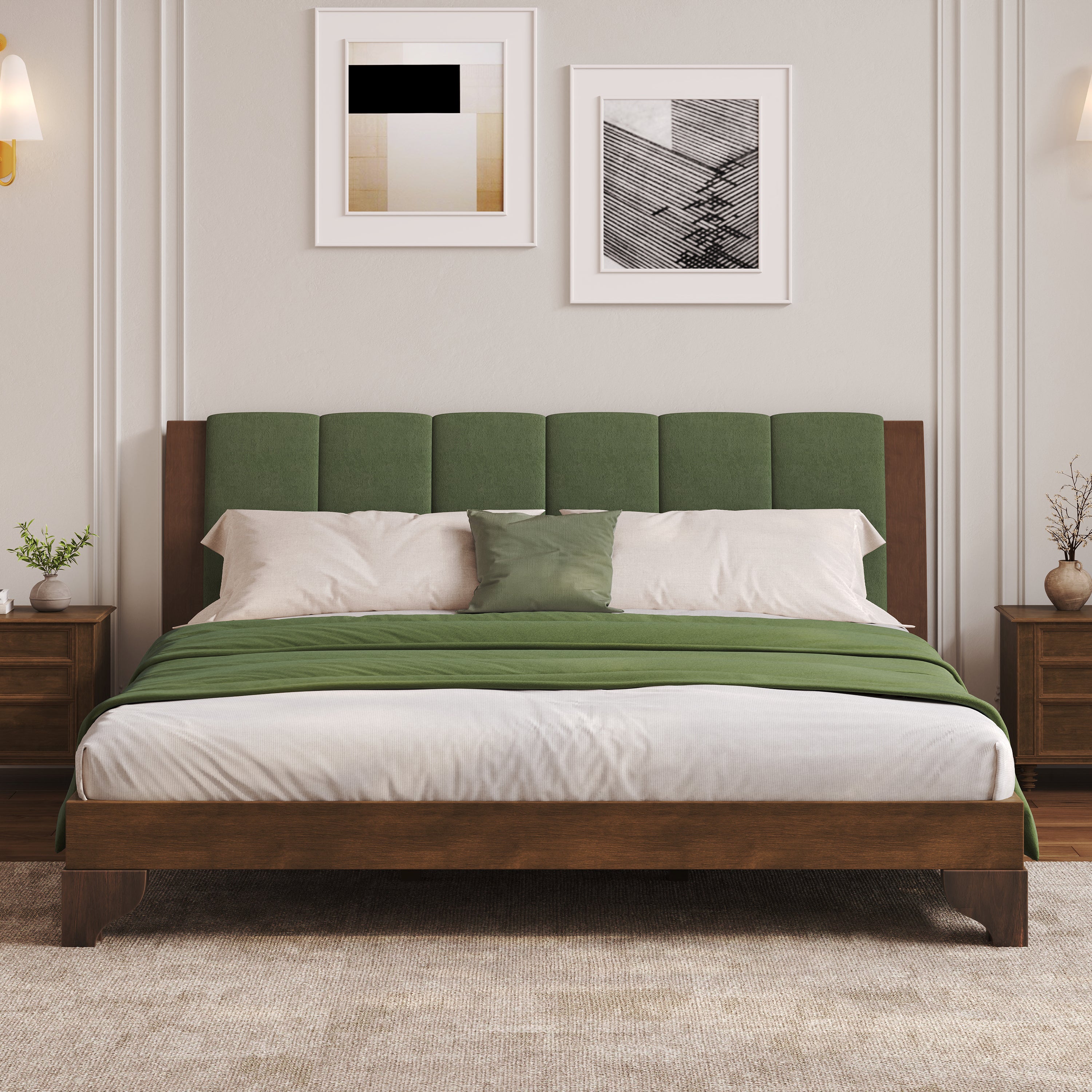 Premium Pine Wood King Bed Frame,King Size Bed Frame with Headboard Included,Mid Century Modern Bed,Walnut&Green Color Bed Frame
