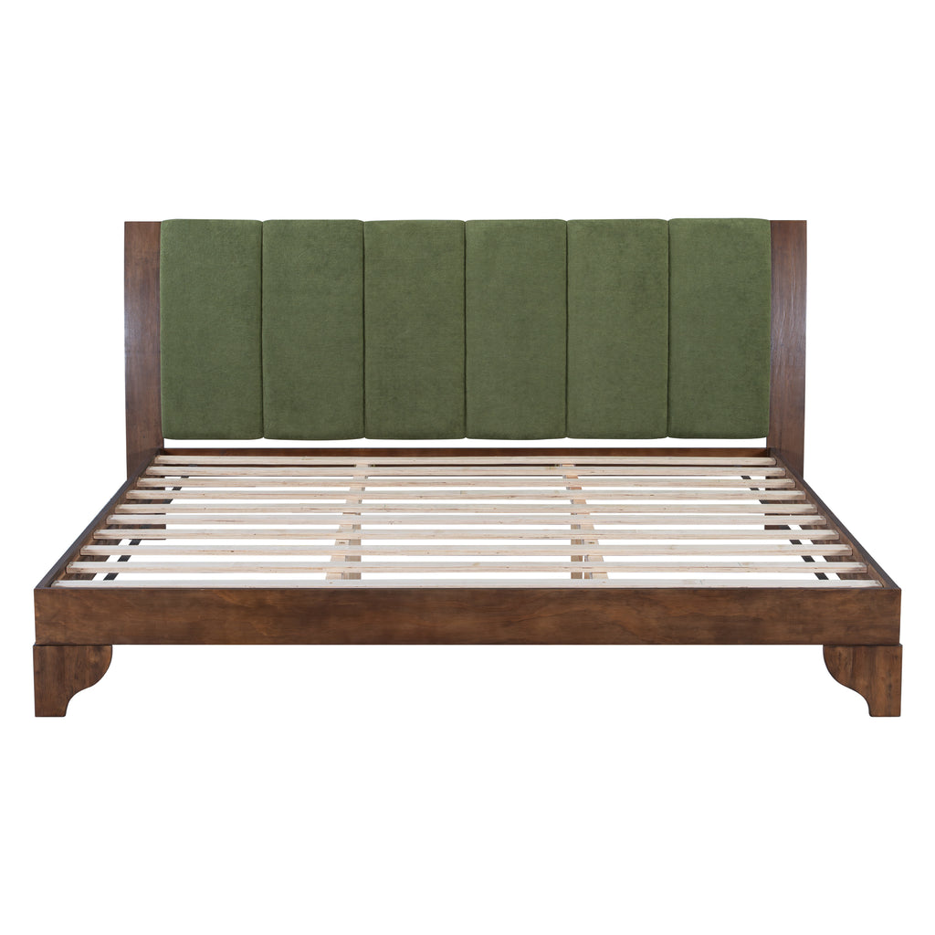Premium Pine Wood King Bed Frame,King Size Bed Frame with Headboard Included,Mid Century Modern Bed,Walnut&Green Color Bed Frame