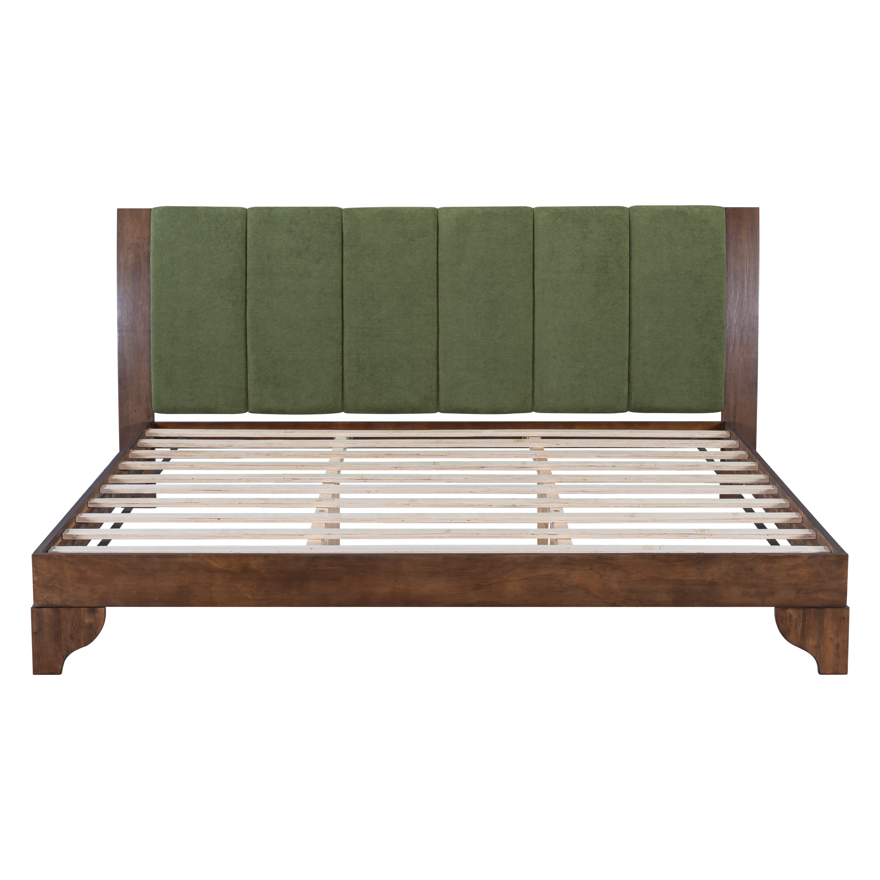 Premium Pine Wood King Bed Frame,King Size Bed Frame with Headboard Included,Mid Century Modern Bed,Walnut&Green Color Bed Frame