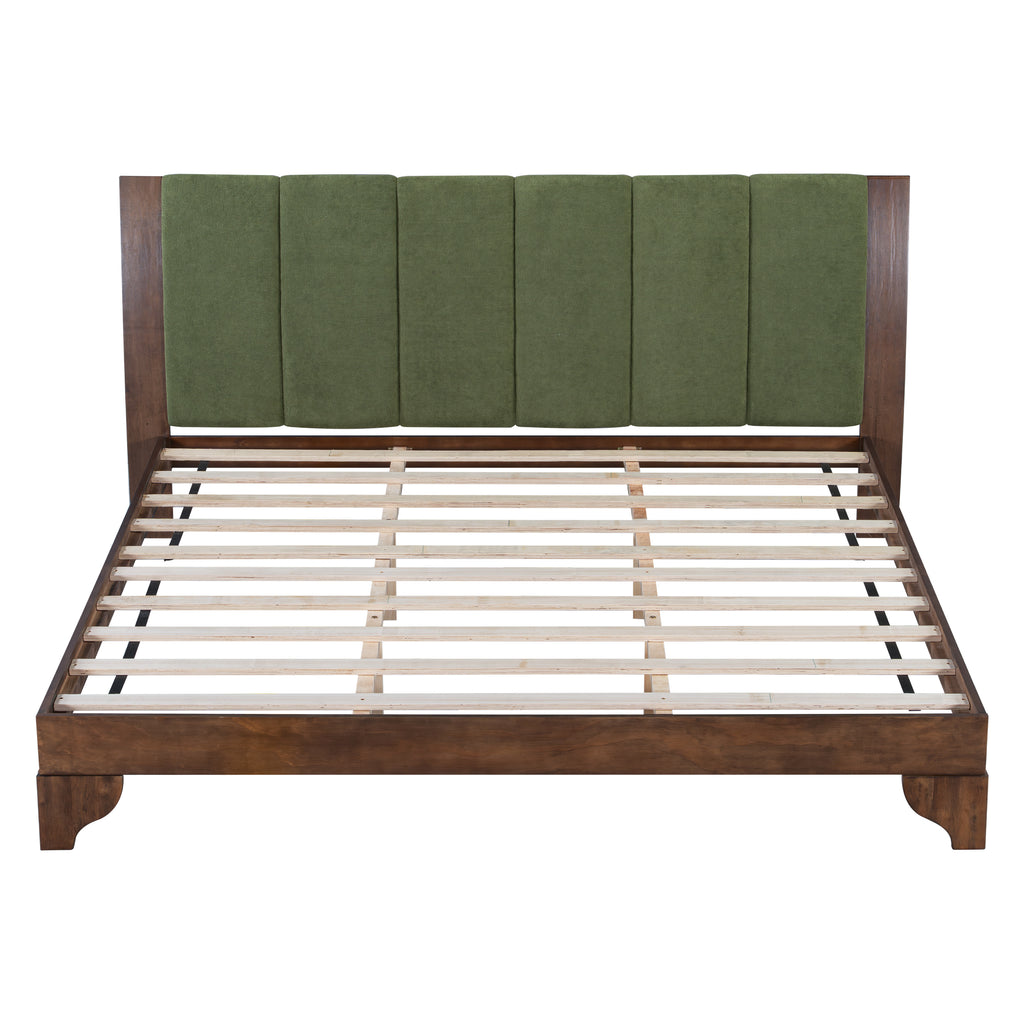 Premium Pine Wood King Bed Frame,King Size Bed Frame with Headboard Included,Mid Century Modern Bed,Walnut&Green Color Bed Frame