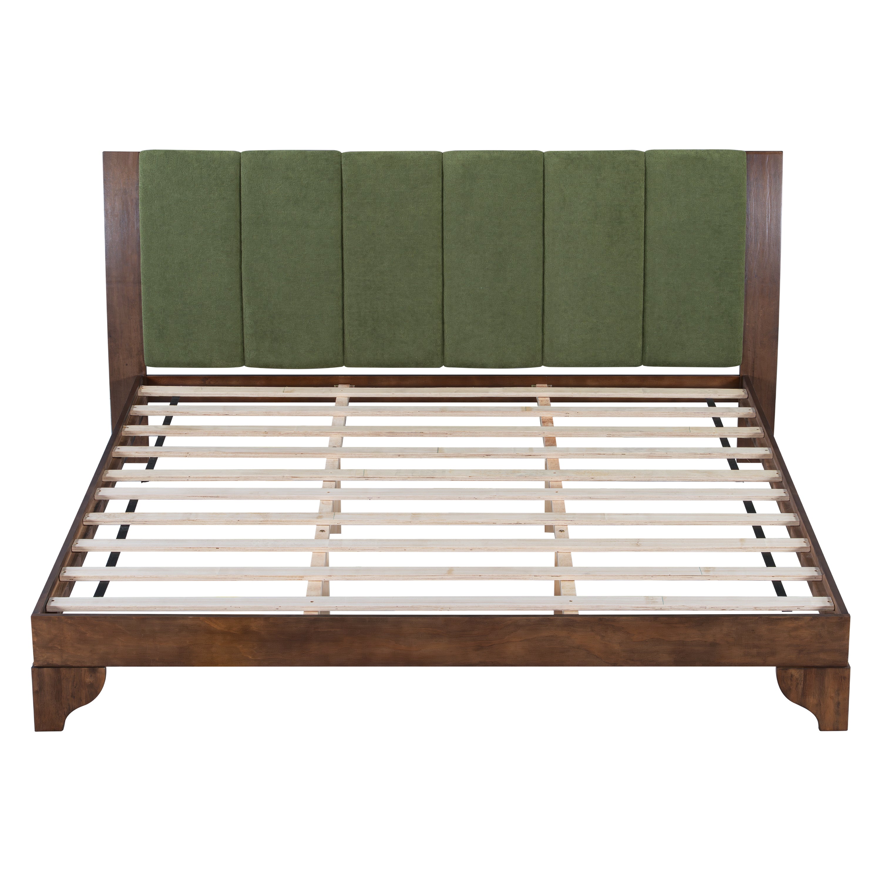 Premium Pine Wood King Bed Frame,King Size Bed Frame with Headboard Included,Mid Century Modern Bed,Walnut&Green Color Bed Frame