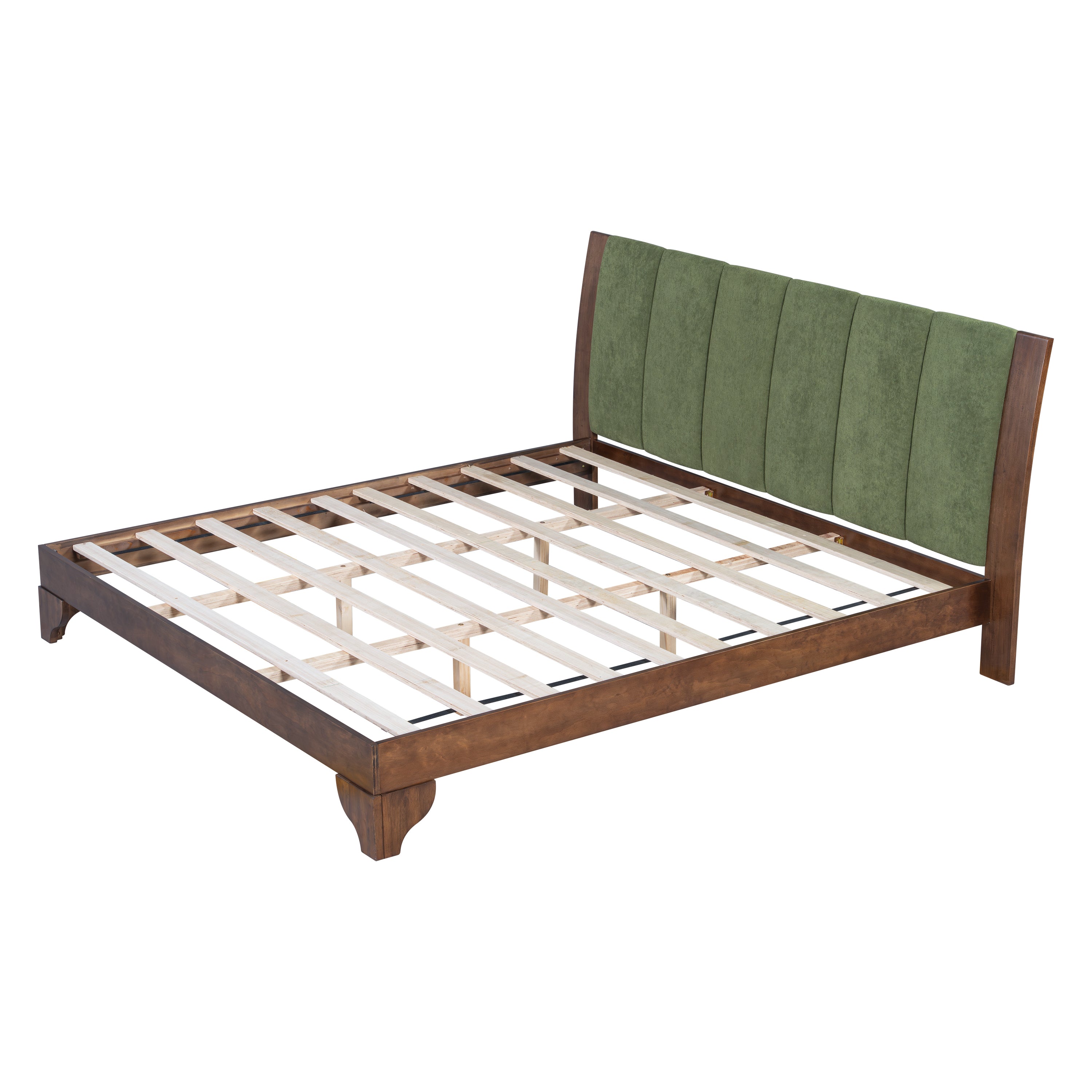 Premium Pine Wood King Bed Frame,King Size Bed Frame with Headboard Included,Mid Century Modern Bed,Walnut&Green Color Bed Frame