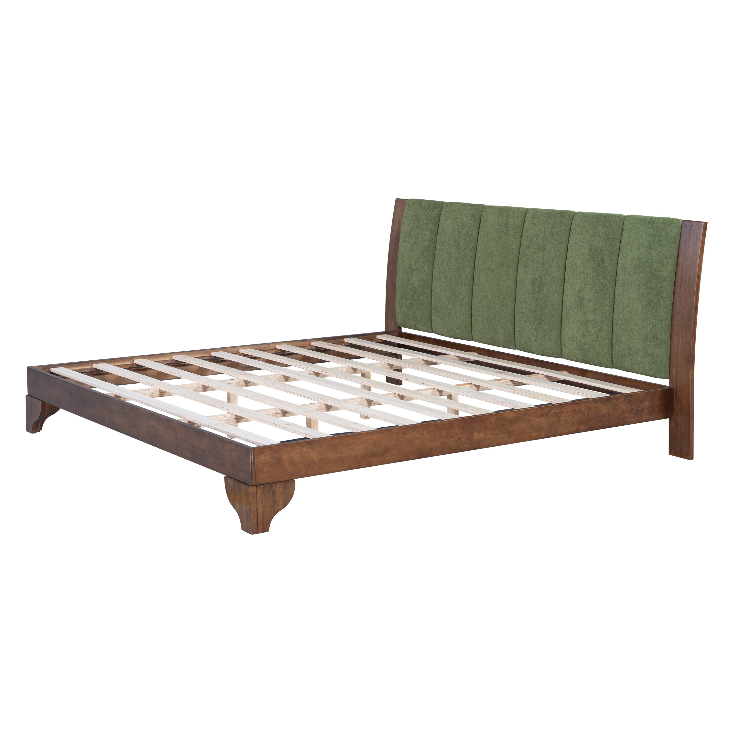Premium Pine Wood King Bed Frame,King Size Bed Frame with Headboard Included,Mid Century Modern Bed,Walnut&Green Color Bed Frame