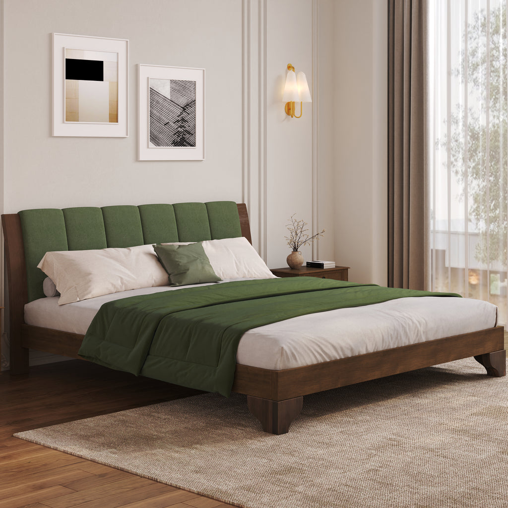 Premium Pine Wood King Bed Frame,King Size Bed Frame with Headboard Included,Mid Century Modern Bed,Walnut&Green Color Bed Frame