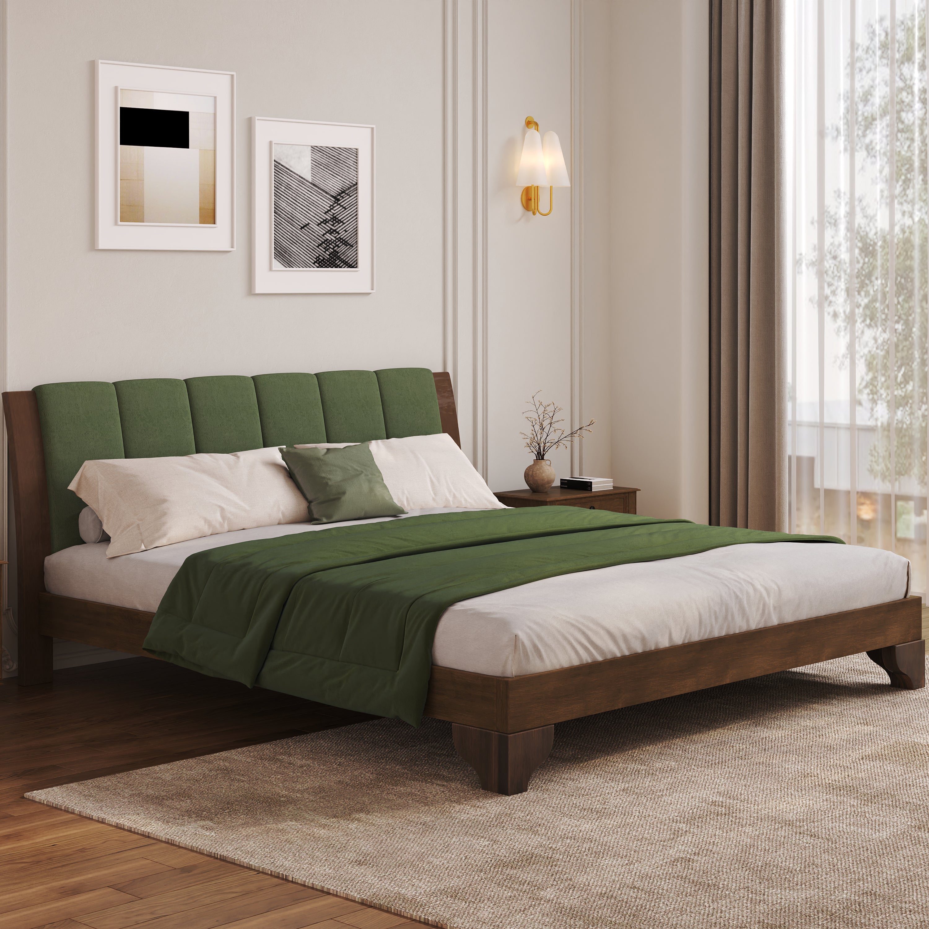 Premium Pine Wood King Bed Frame,King Size Bed Frame with Headboard Included,Mid Century Modern Bed,Walnut&Green Color Bed Frame