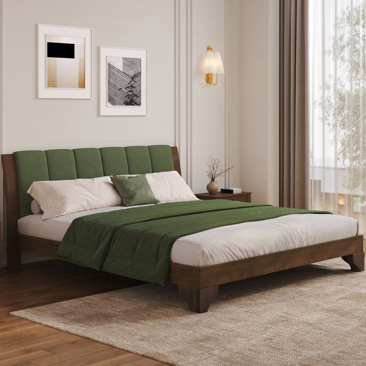 Premium Pine Wood King Bed Frame,King Size Bed Frame with Headboard Included,Mid Century Modern Bed,Walnut&Green Color Bed Frame