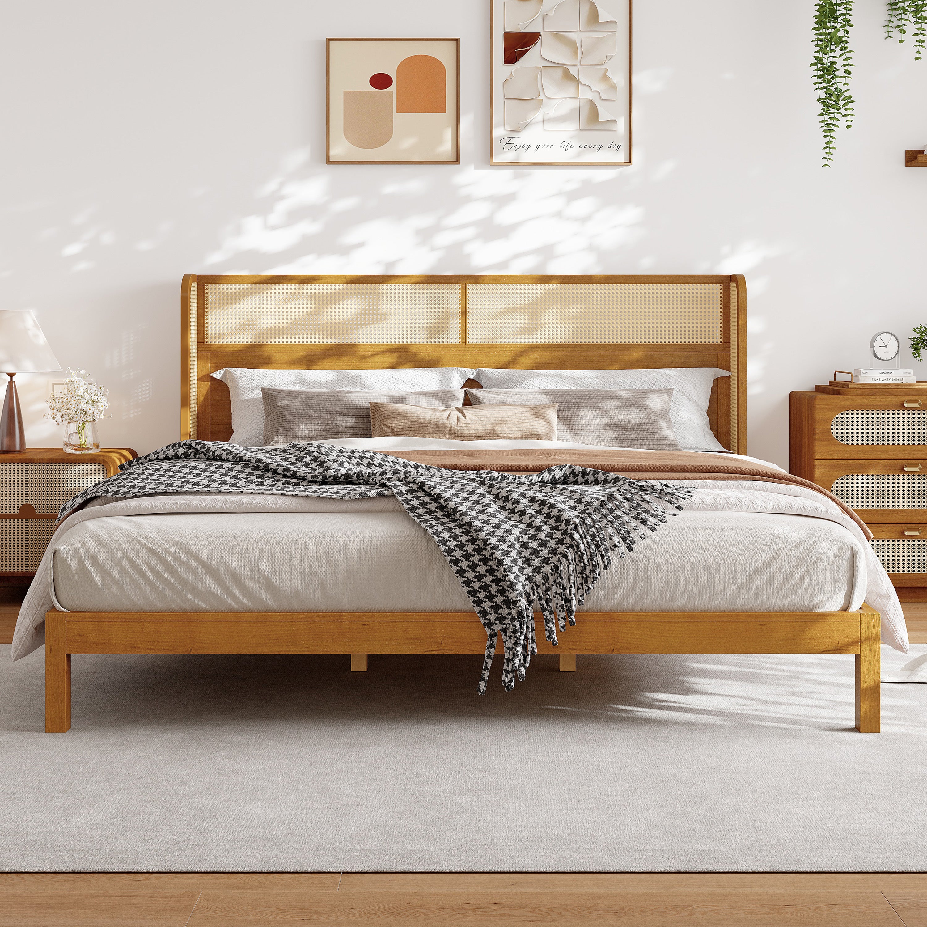 Premium Rubber Wood Platform Bed Frame, King Bed Frame with Headboard Included, Mid Century Modern Bed With Natural Color