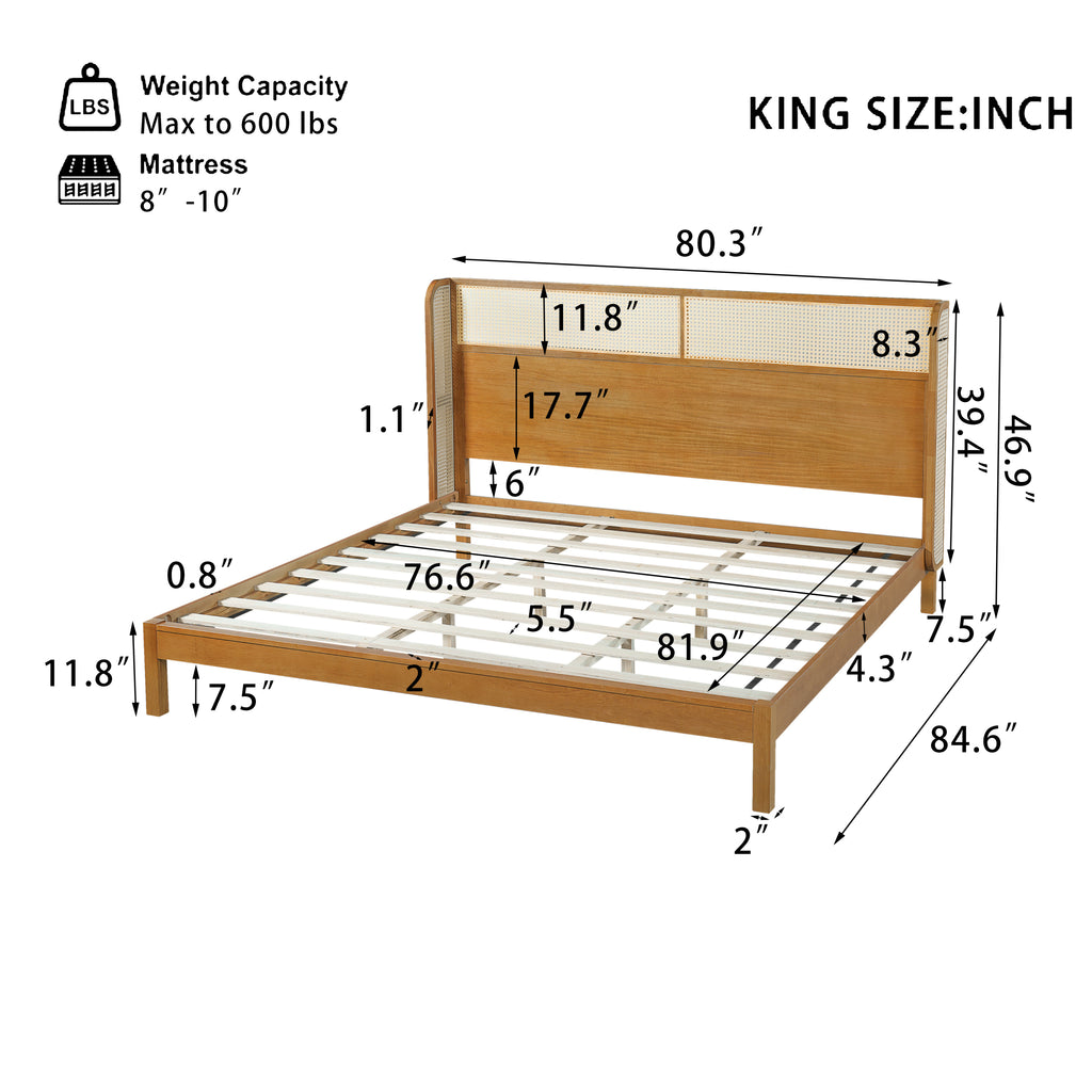 Premium Rubber Wood Platform Bed Frame, King Bed Frame with Headboard Included, Mid Century Modern Bed With Natural Color
