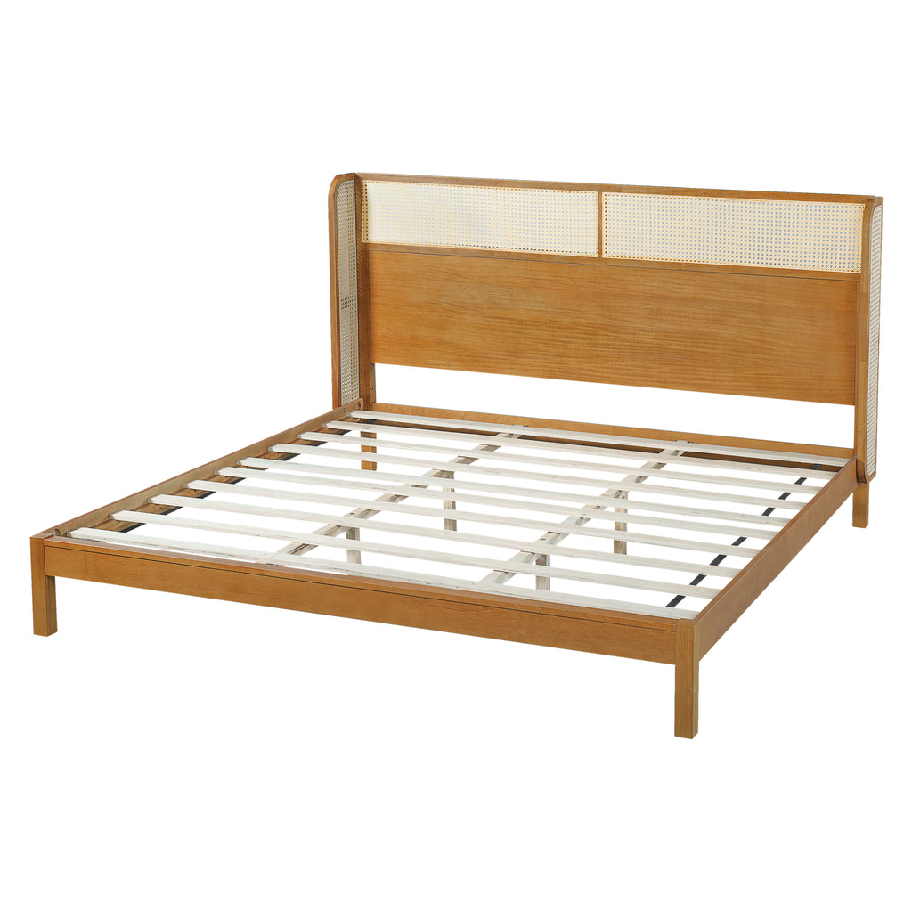 Premium Rubber Wood Platform Bed Frame, King Bed Frame with Headboard Included, Mid Century Modern Bed With Natural Color