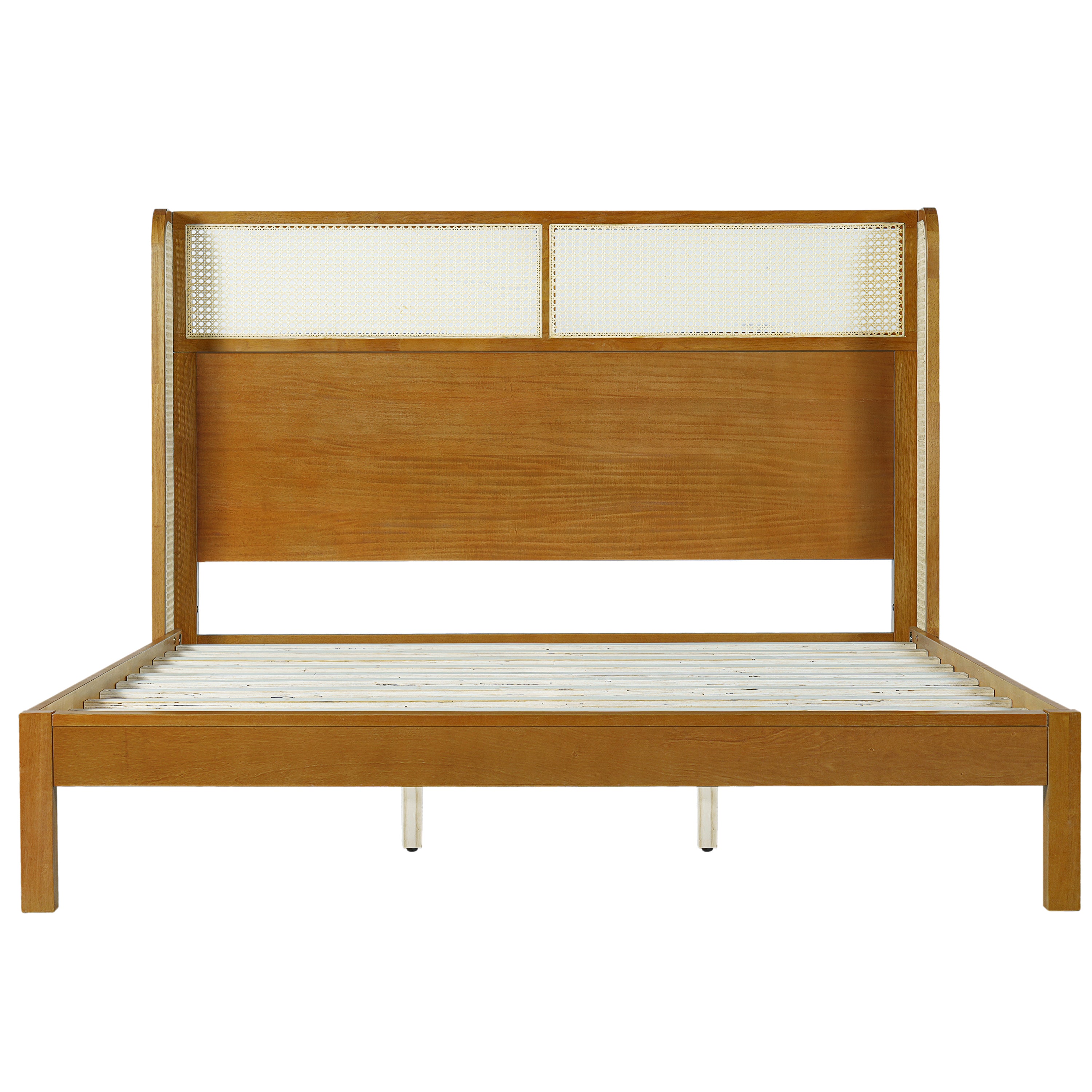 Premium Rubber Wood Platform Bed Frame, King Bed Frame with Headboard Included, Mid Century Modern Bed With Natural Color