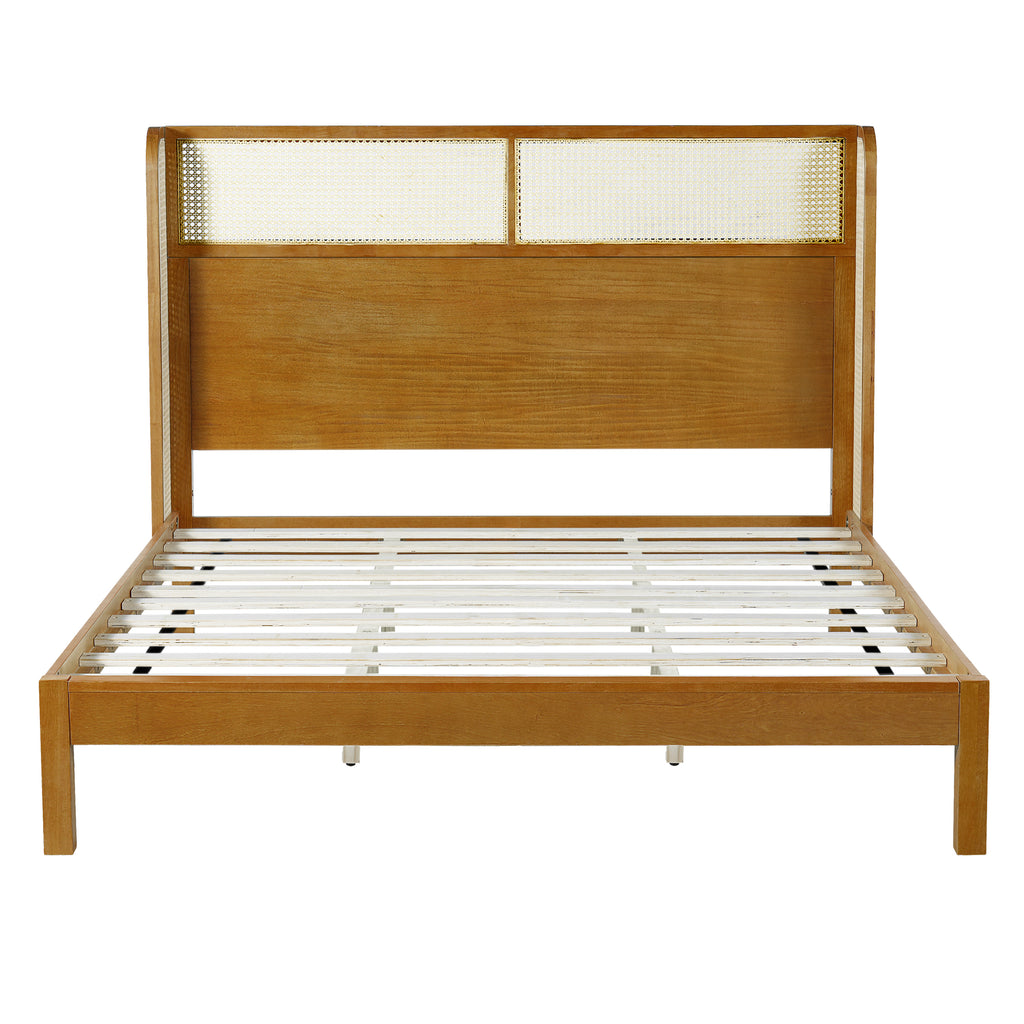 Premium Rubber Wood Platform Bed Frame, King Bed Frame with Headboard Included, Mid Century Modern Bed With Natural Color
