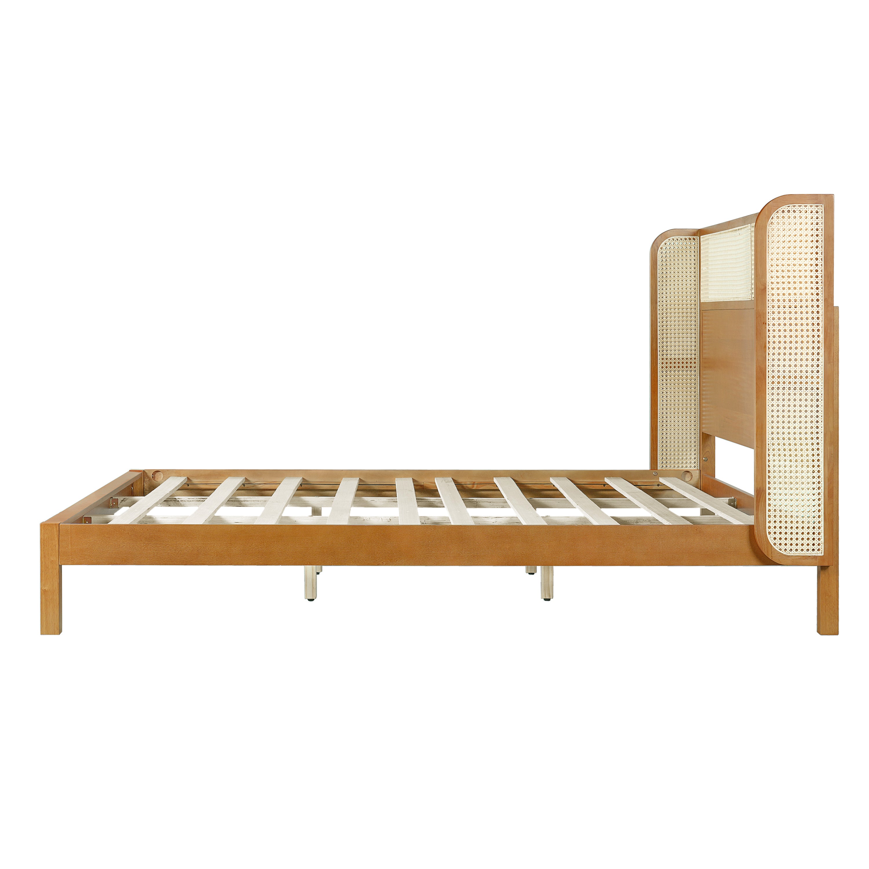 Premium Rubber Wood Platform Bed Frame, King Bed Frame with Headboard Included, Mid Century Modern Bed With Natural Color