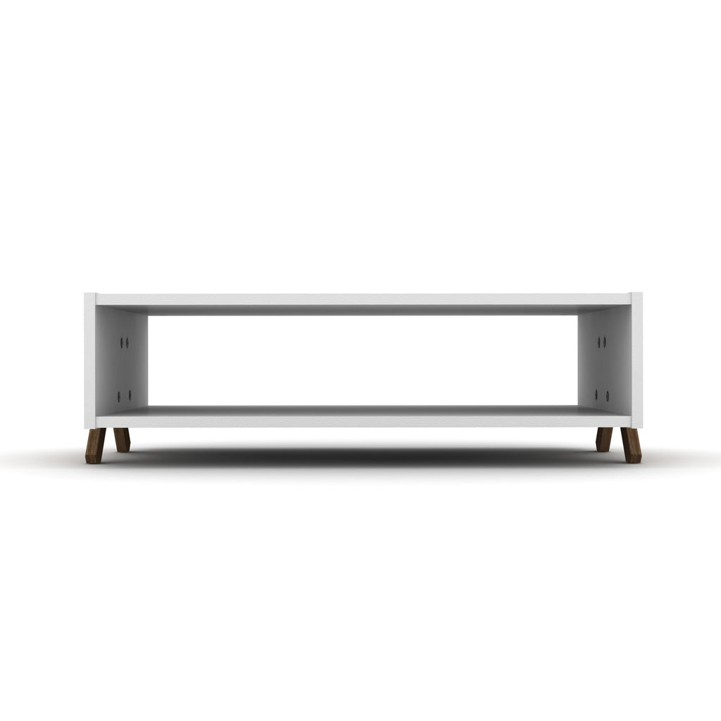 HT Design Kipp Cross Legs Wooden Frame Rectengular Coffee Table for Living Rooms with Interior Shelving, Walnut/White