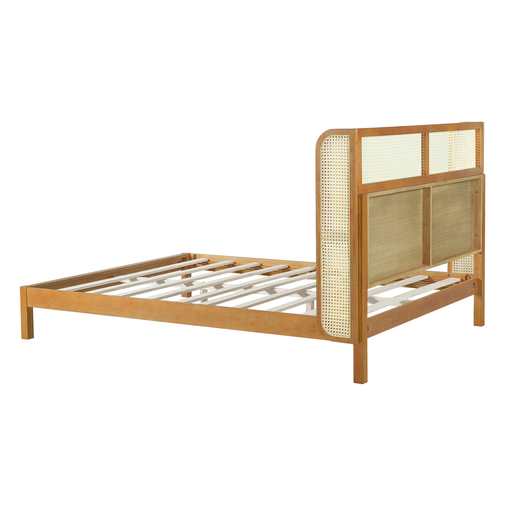 Premium Rubber Wood Platform Bed Frame, Queen Bed Frame with Headboard Included, Mid Century Modern Bed With Natural Color