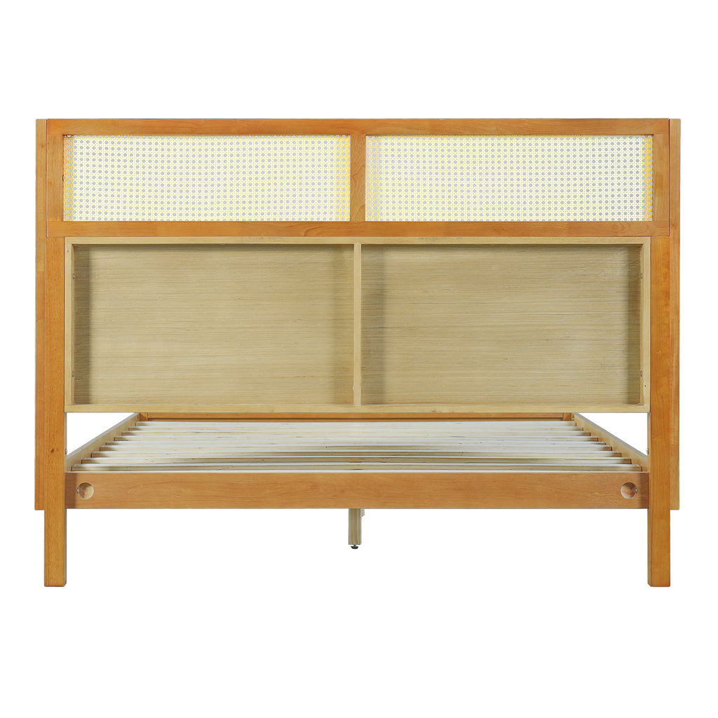 Premium Rubber Wood Platform Bed Frame, Queen Bed Frame with Headboard Included, Mid Century Modern Bed With Natural Color