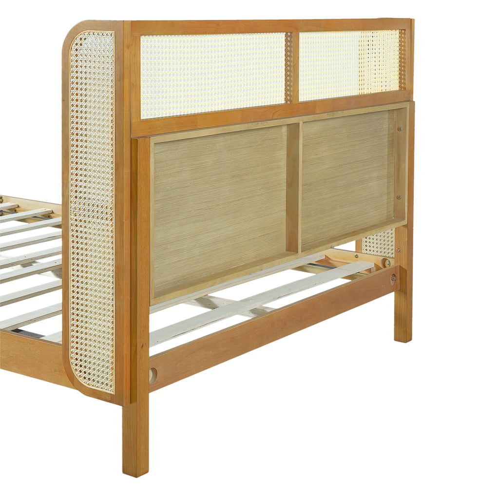 Premium Rubber Wood Platform Bed Frame, Queen Bed Frame with Headboard Included, Mid Century Modern Bed With Natural Color