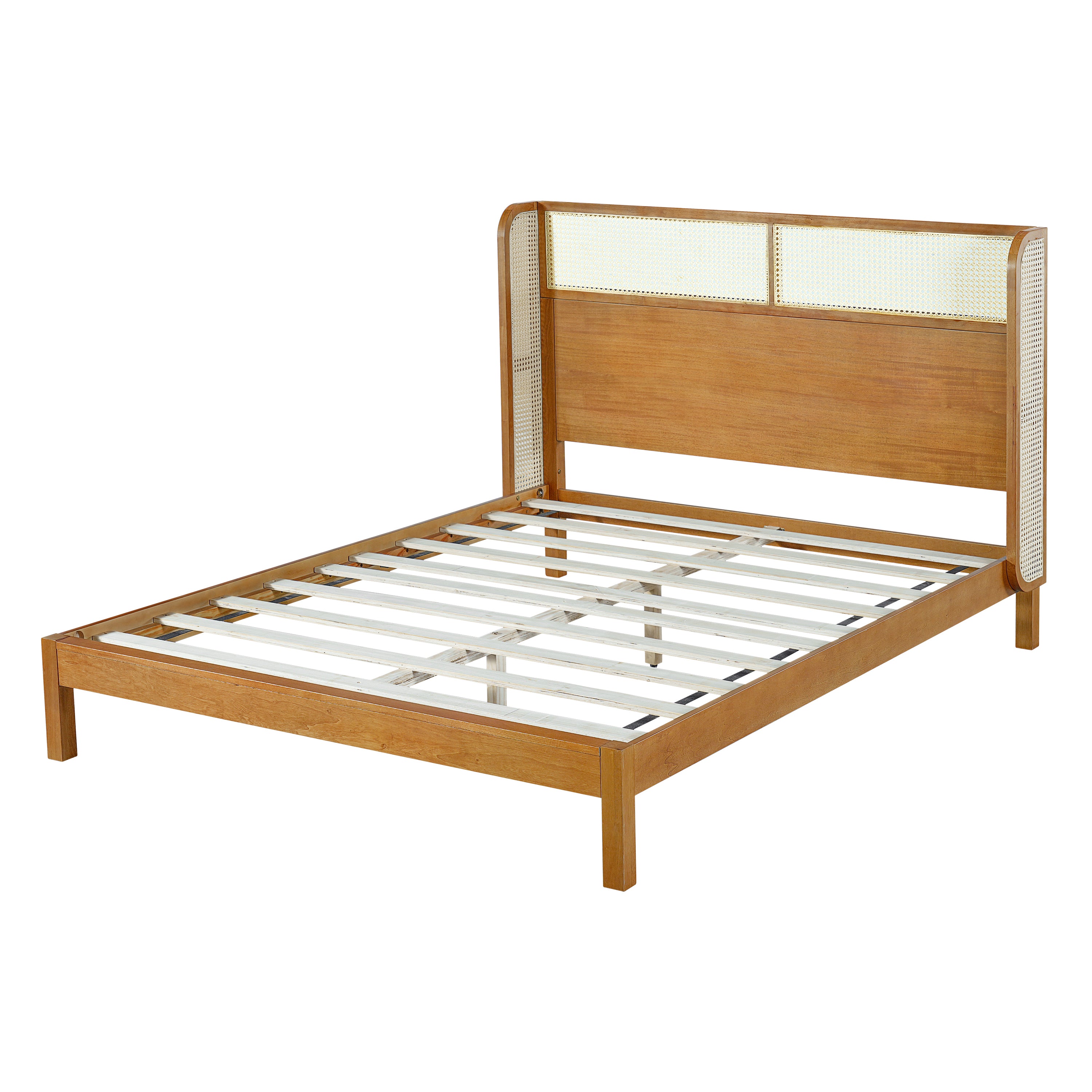 Premium Rubber Wood Platform Bed Frame, Queen Bed Frame with Headboard Included, Mid Century Modern Bed With Natural Color