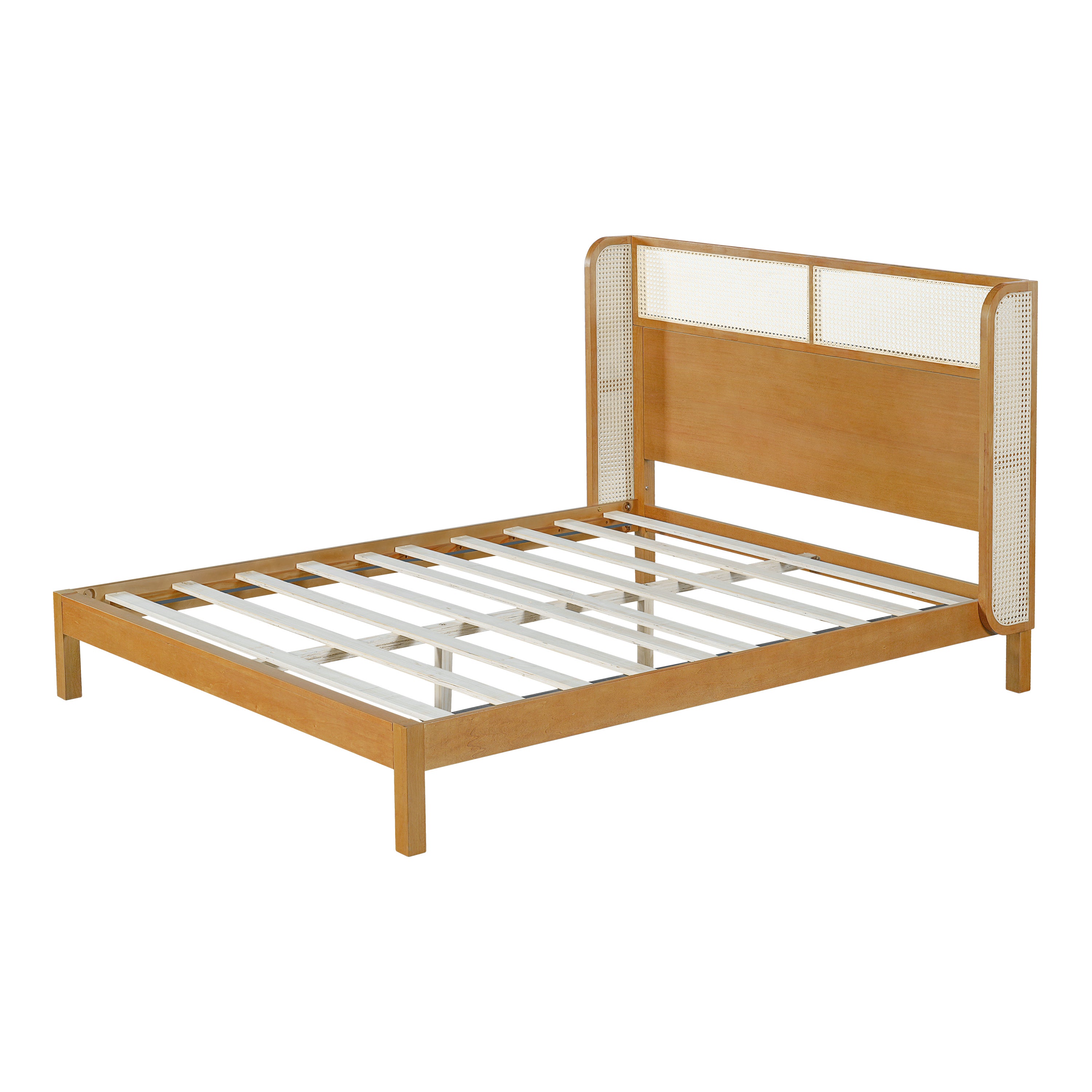 Premium Rubber Wood Platform Bed Frame, Queen Bed Frame with Headboard Included, Mid Century Modern Bed With Natural Color