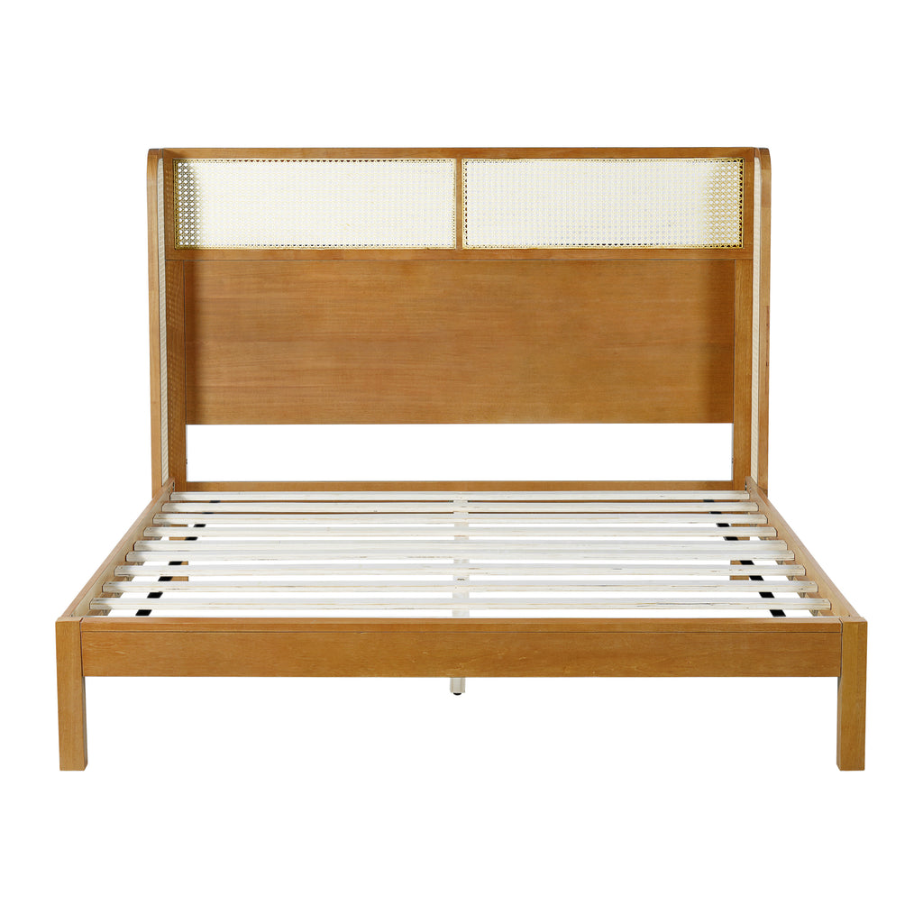 Premium Rubber Wood Platform Bed Frame, Queen Bed Frame with Headboard Included, Mid Century Modern Bed With Natural Color