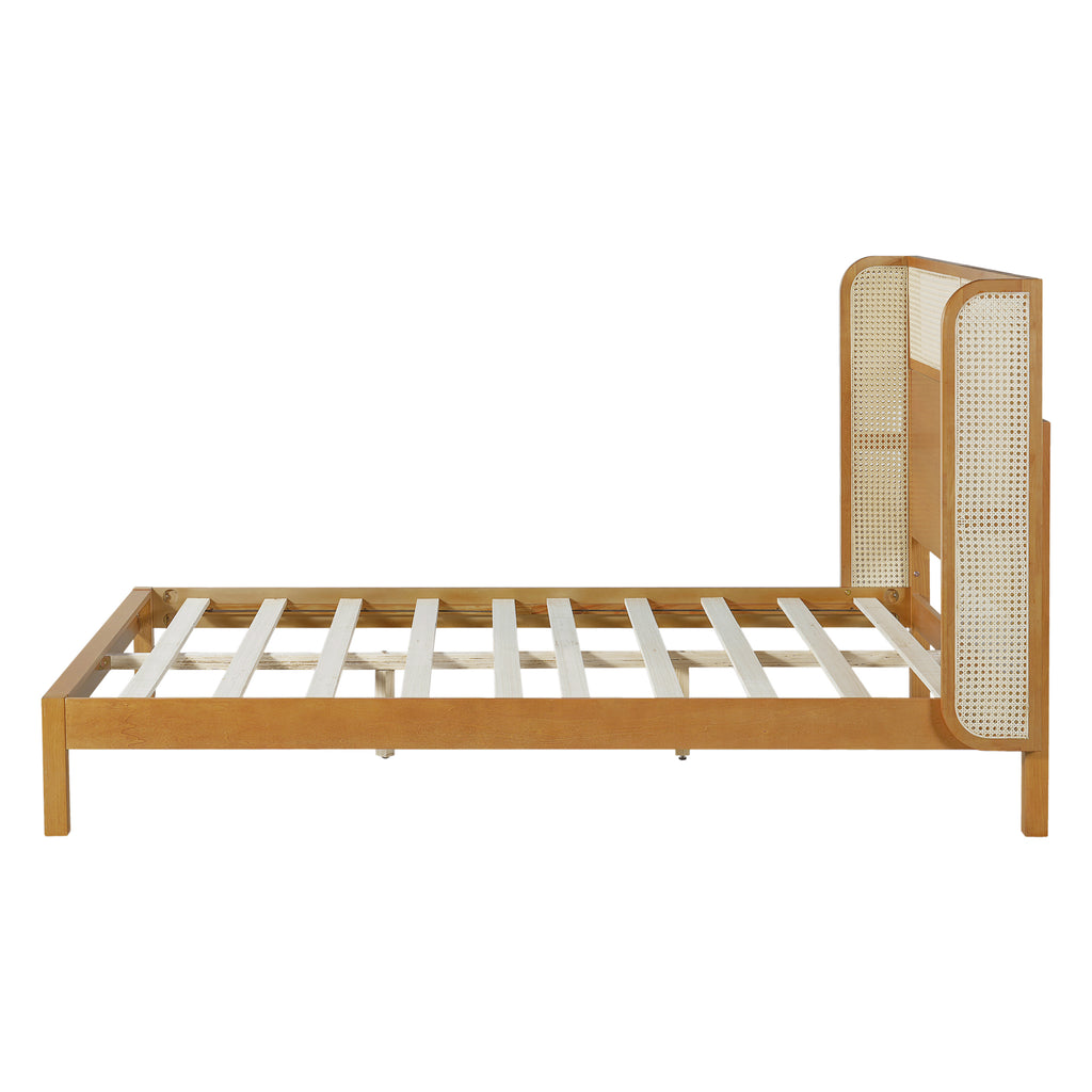 Premium Rubber Wood Platform Bed Frame, Queen Bed Frame with Headboard Included, Mid Century Modern Bed With Natural Color