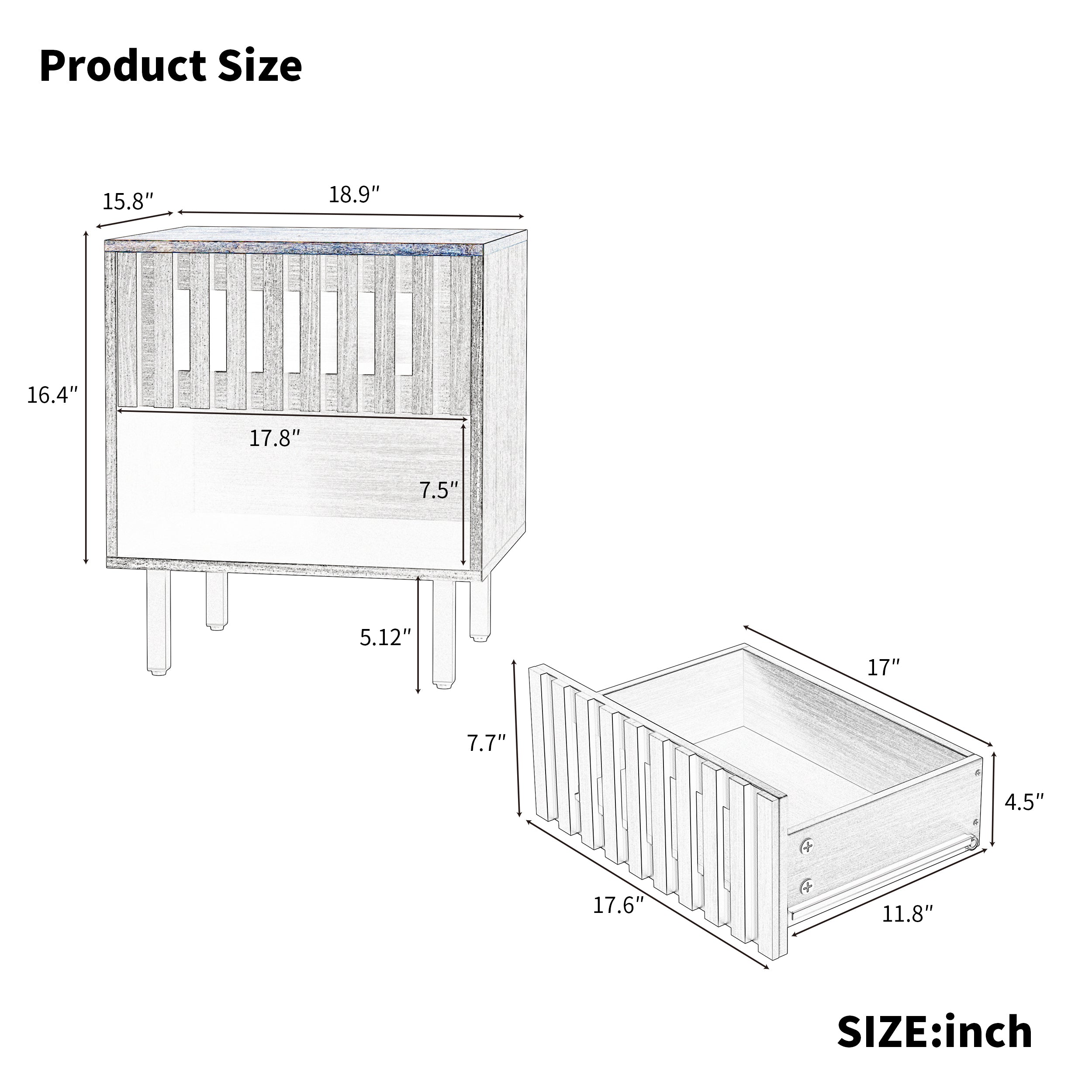Mid-Century Modern Nightstand Set of 2, Bedside Table with Slatted Drawer Decor, End Tables Bedroom with Metal Legs, Night Stand for Bedroom