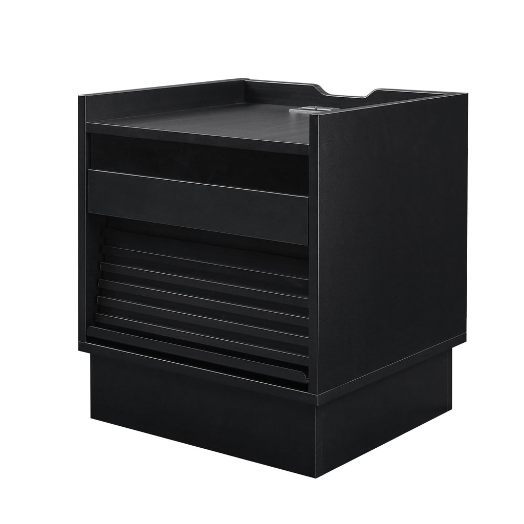 Mid Century Modern Nightstand with Charging Station and LED lights, Night Stand with 2 Drawers, Bedside Tables/End Table for Bedroom or Living Room, Black Nightstands