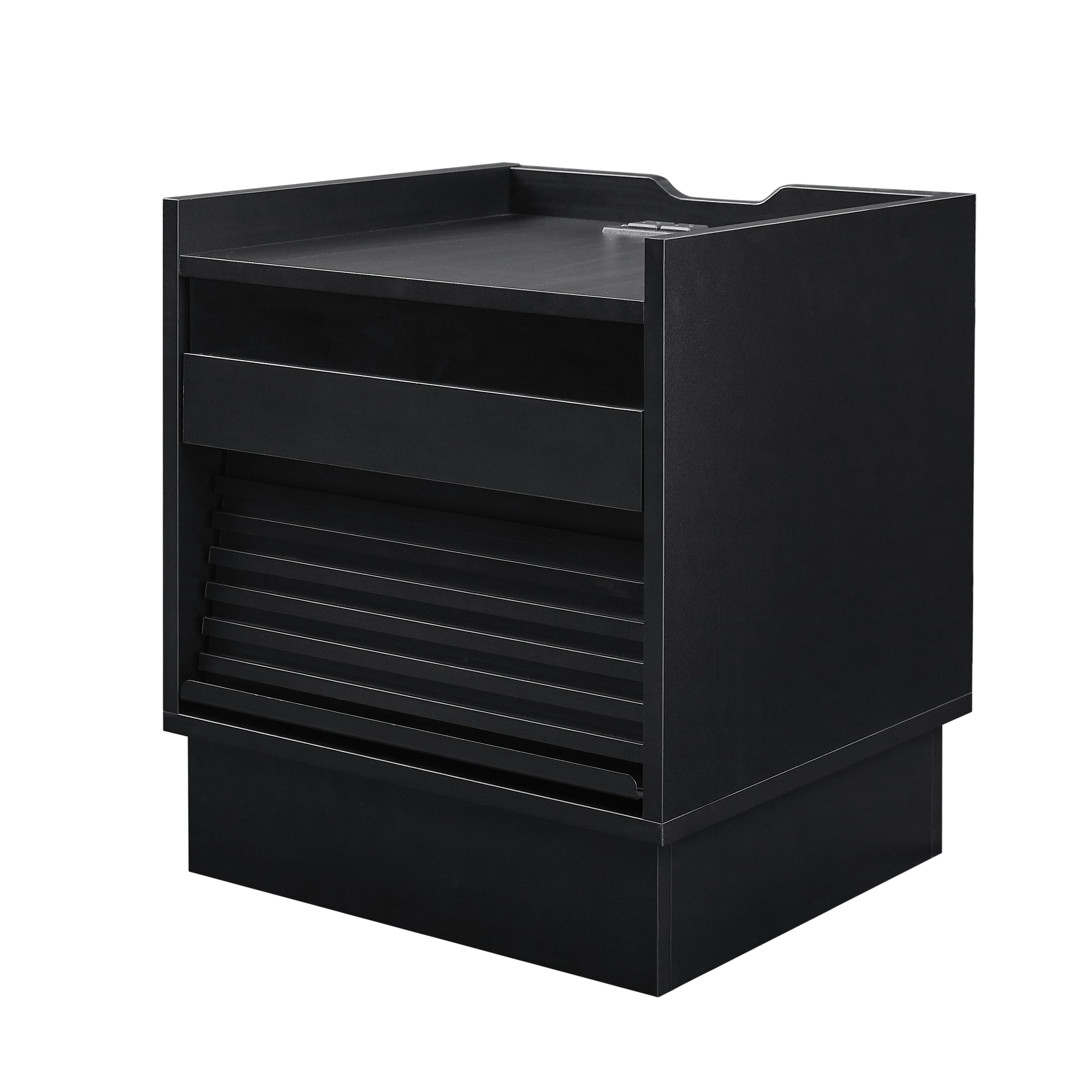 Mid Century Modern Nightstand with Charging Station and LED lights, Night Stand with 2 Drawers, Bedside Tables/End Table for Bedroom or Living Room, Black Nightstands