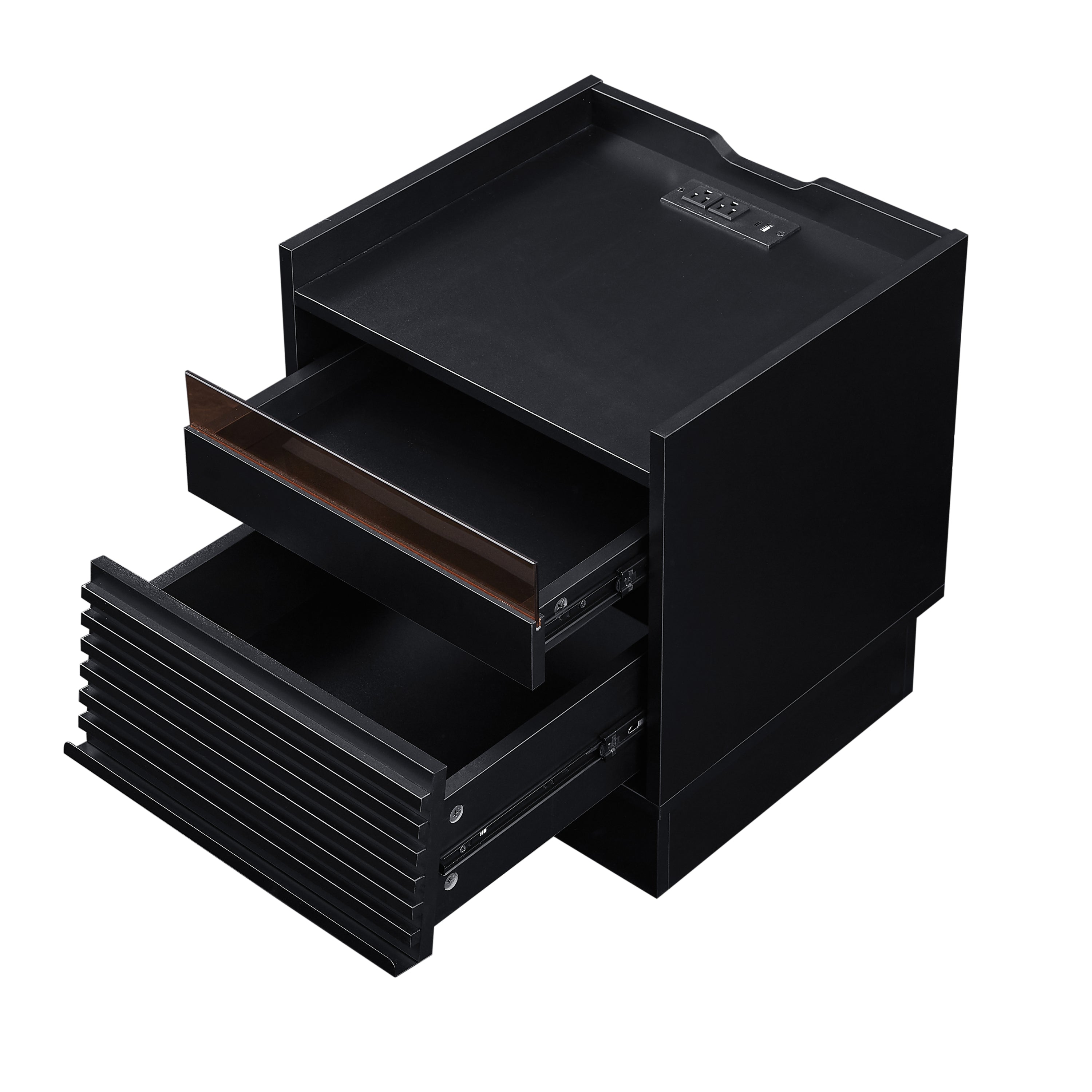 Mid Century Modern Nightstand with Charging Station and LED lights, Night Stand with 2 Drawers, Bedside Tables/End Table for Bedroom or Living Room, Black Nightstands