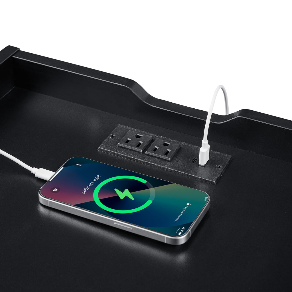 Mid Century Modern Nightstand with Charging Station and LED lights, Night Stand with 2 Drawers, Bedside Tables/End Table for Bedroom or Living Room, Black Nightstands