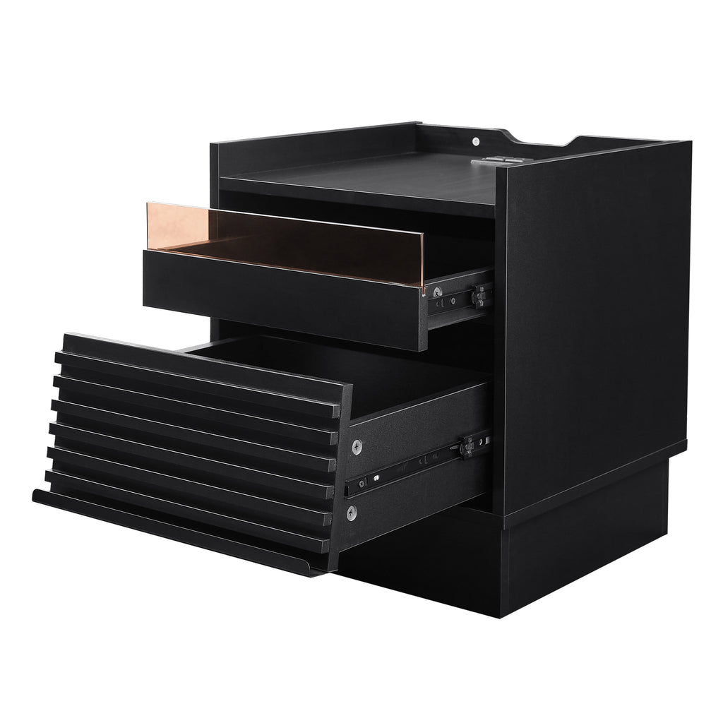 Mid Century Modern Nightstand with Charging Station and LED lights, Night Stand with 2 Drawers, Bedside Tables/End Table for Bedroom or Living Room, Black Nightstands